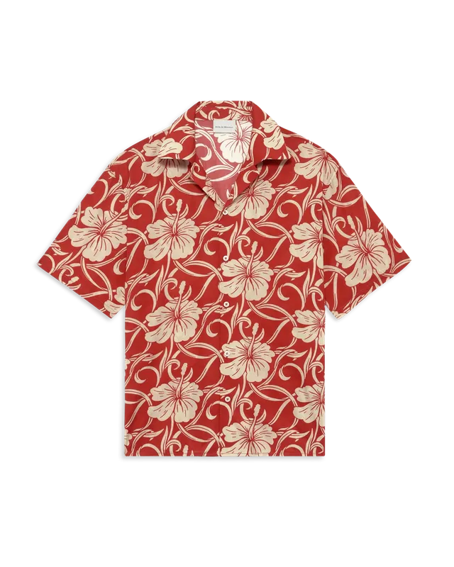 Drôle De Monsieur Chemise Hibiscus Monogramme Hemd Rot Kurzarm