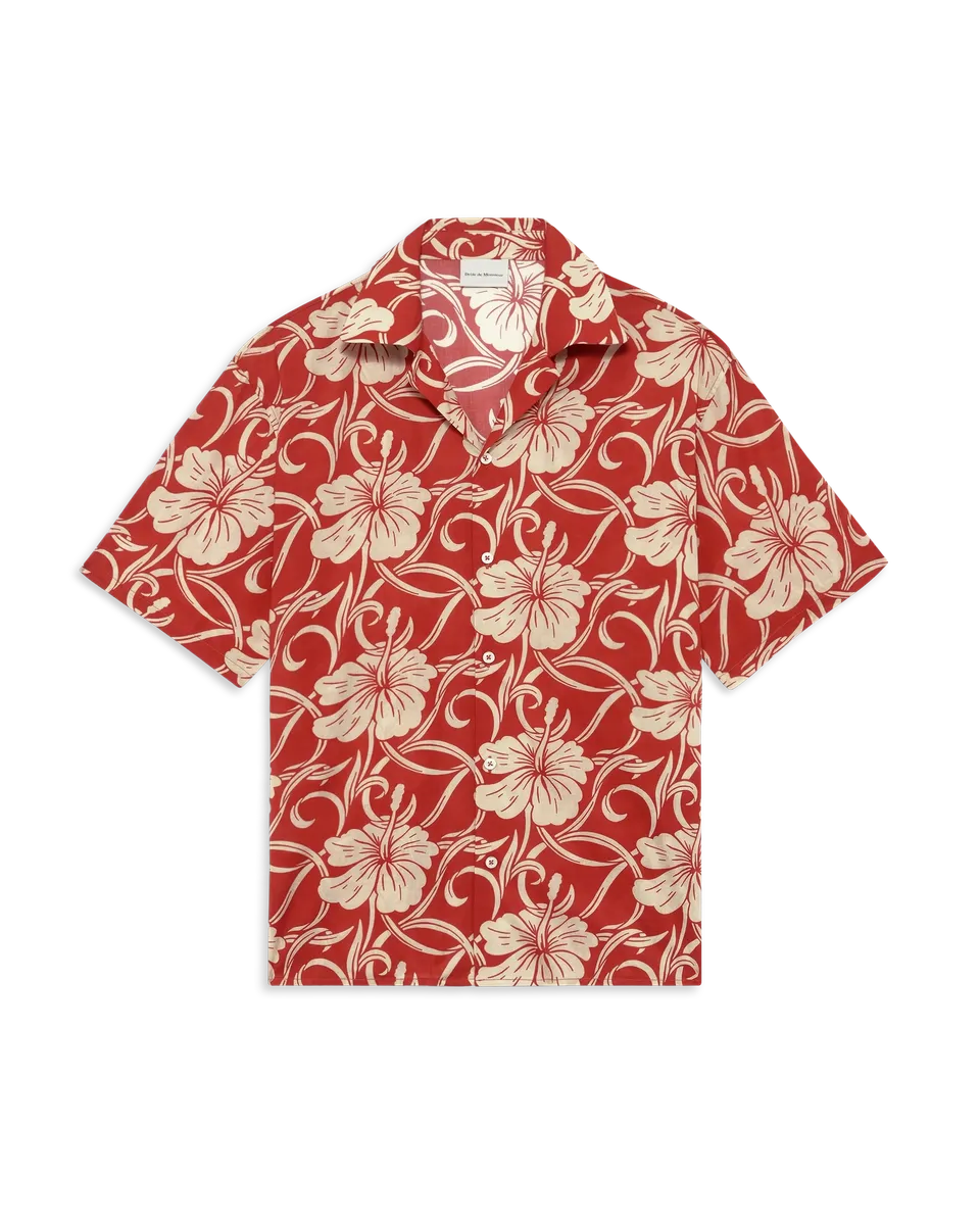 Drôle De Monsieur Chemise Hibiscus Monogramme Hemd Rot Kurzarm