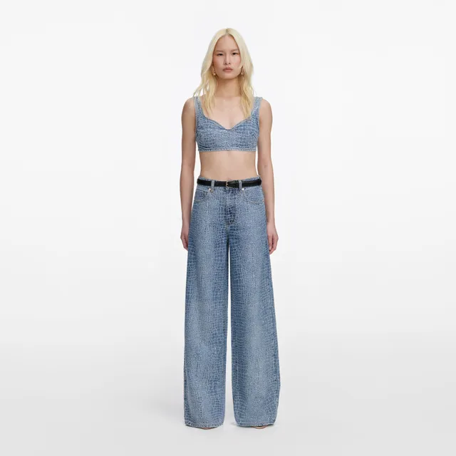 Self Portrait Denim Rhinestone Croc Effect Denim Bralette Top UK 8
