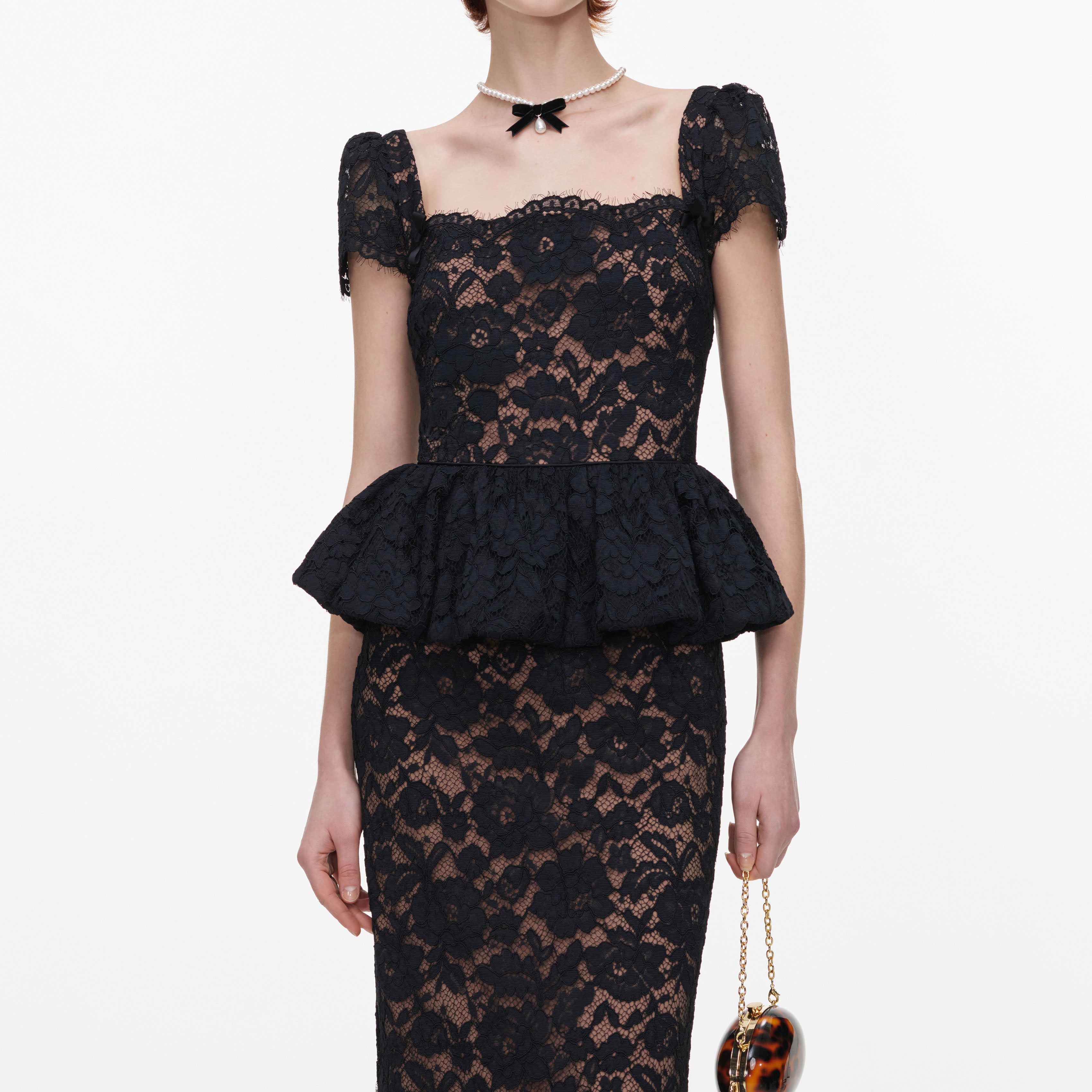 Self Portrait Black Lace Peplum Midi Spitzenkleid Schwarz