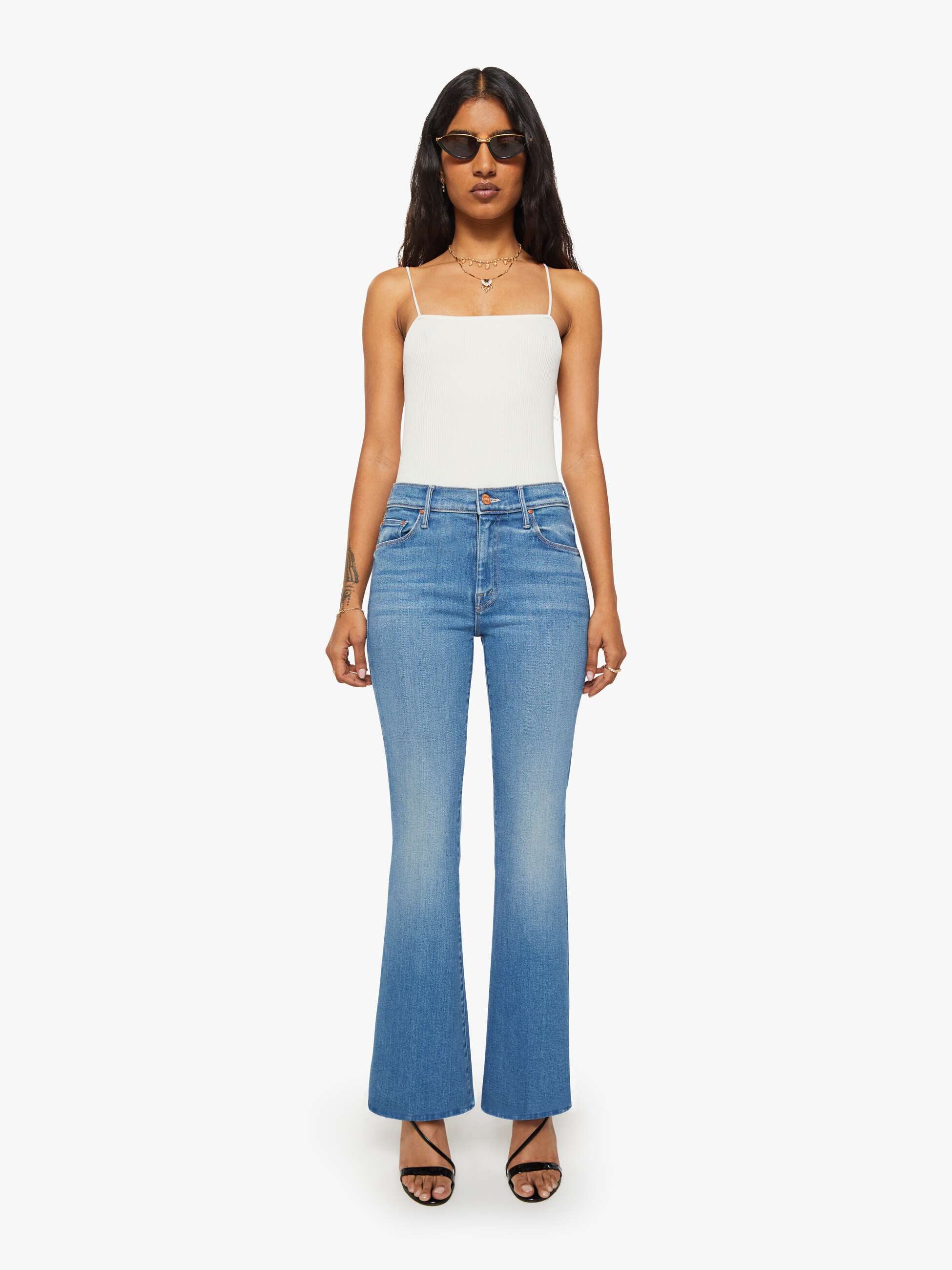 Mother Lil Weekender Petite Jeans Blau Flare Mid Rise
