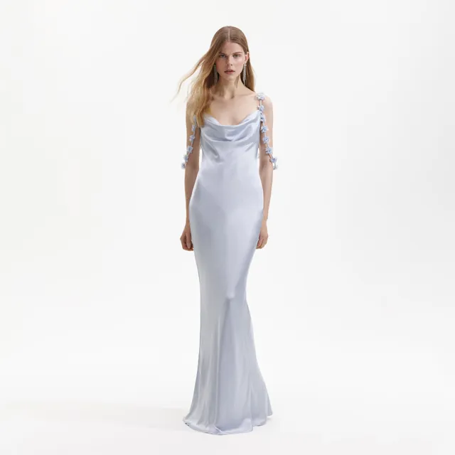 Self-Portrait Blue Satin Flower Maxikleid Blau Satin Gr. UK 4-16