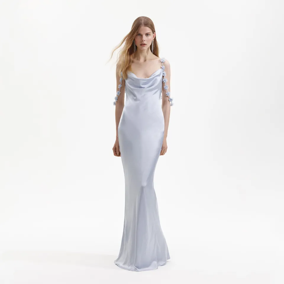 Self-Portrait Blue Satin Flower Maxikleid Blau Satin Gr. UK 4-16
