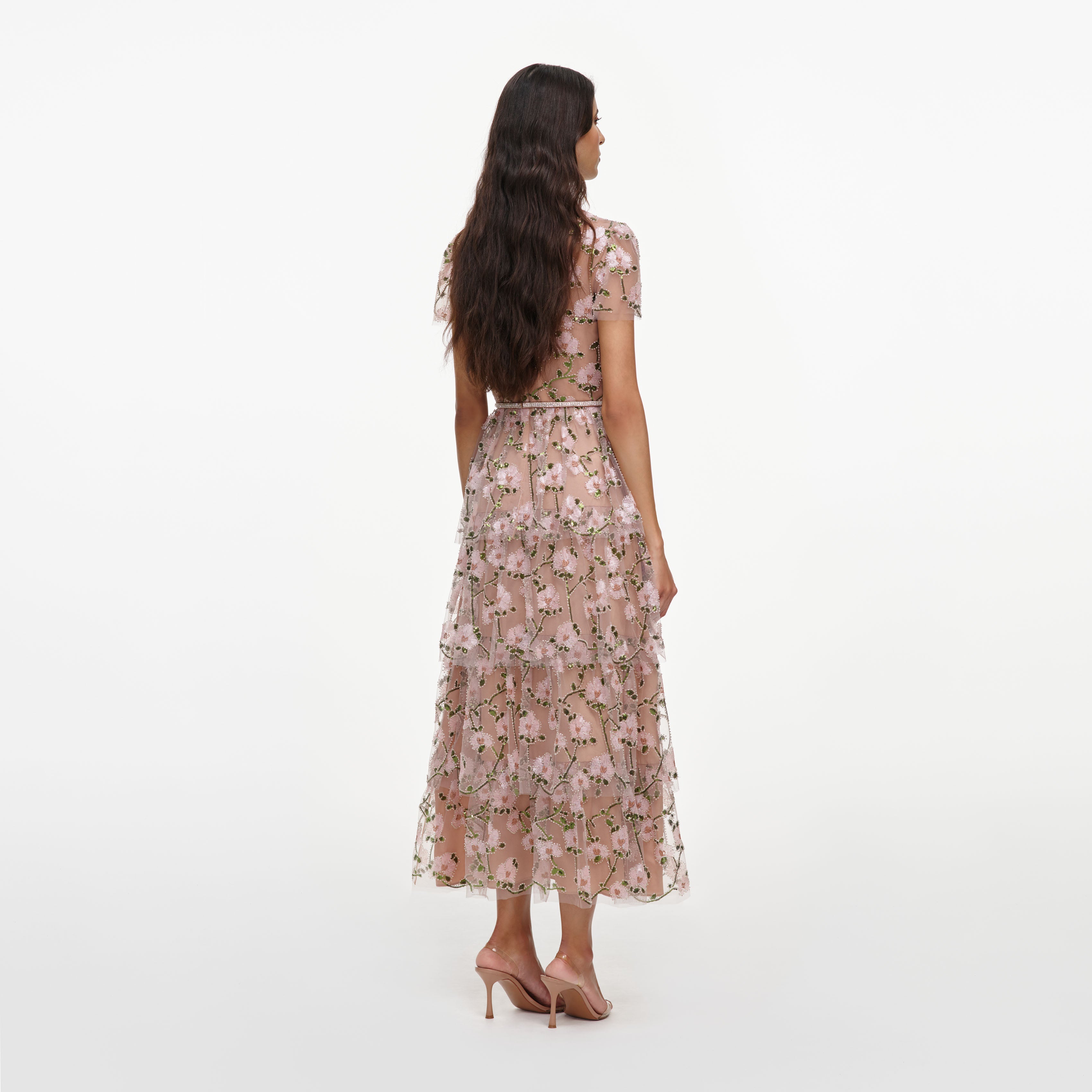 Self Portrait Pink Sequin Tiered Midi Kleid Rosa UK 8