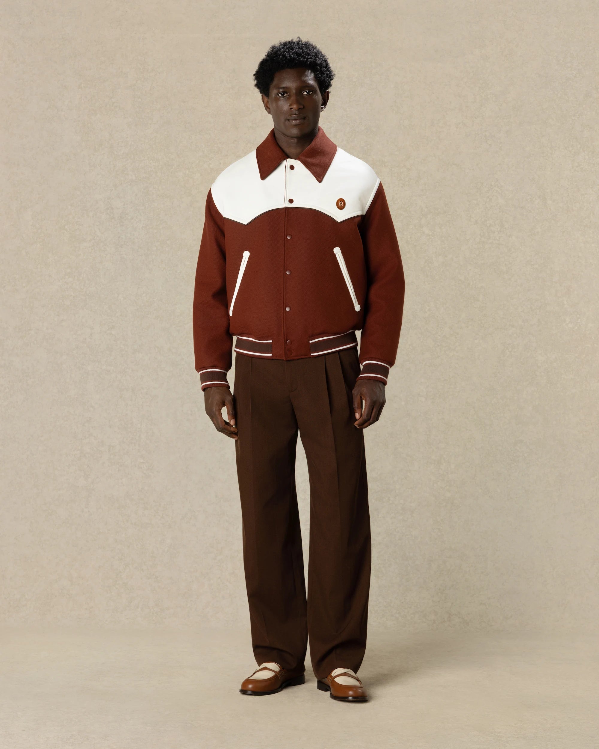 Drôle De Monsieur Leather Apply Bomber Jacke Rot Wolle Leder