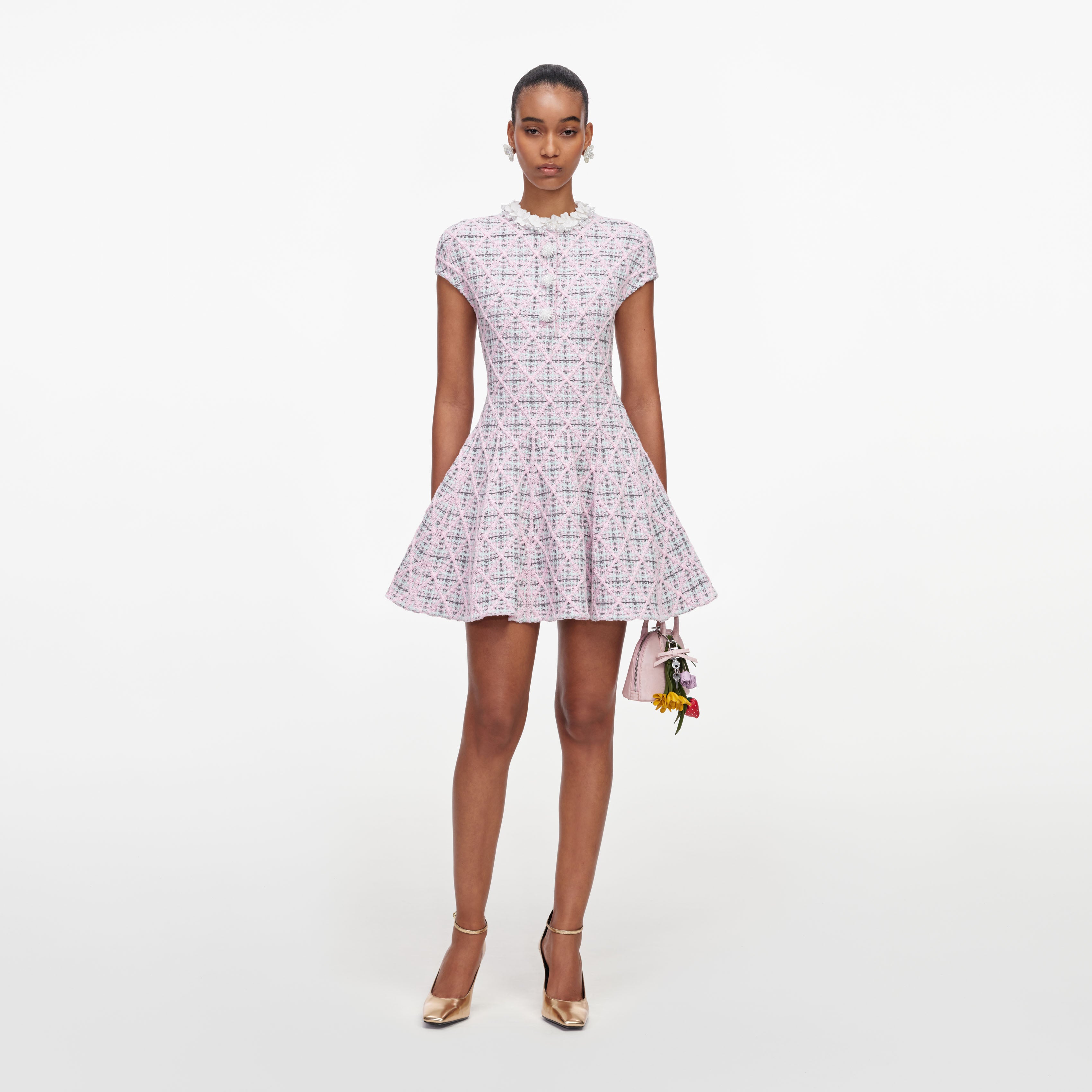 Self Portrait Check Strick Minikleid Rosa Perlen Knopfleiste