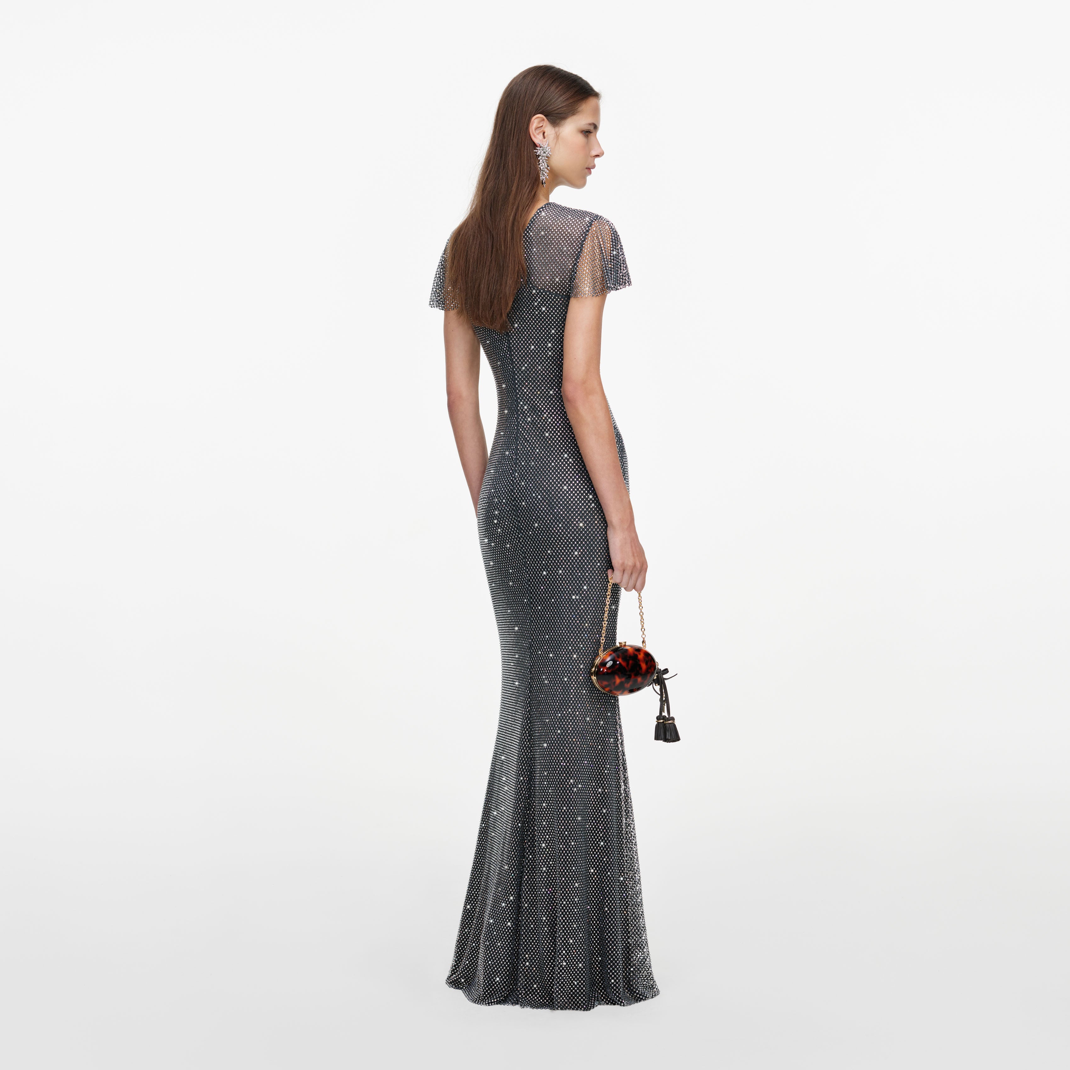 Self Portrait Grey Rhinestone Fishnet Maxi Dress Kleid UK6