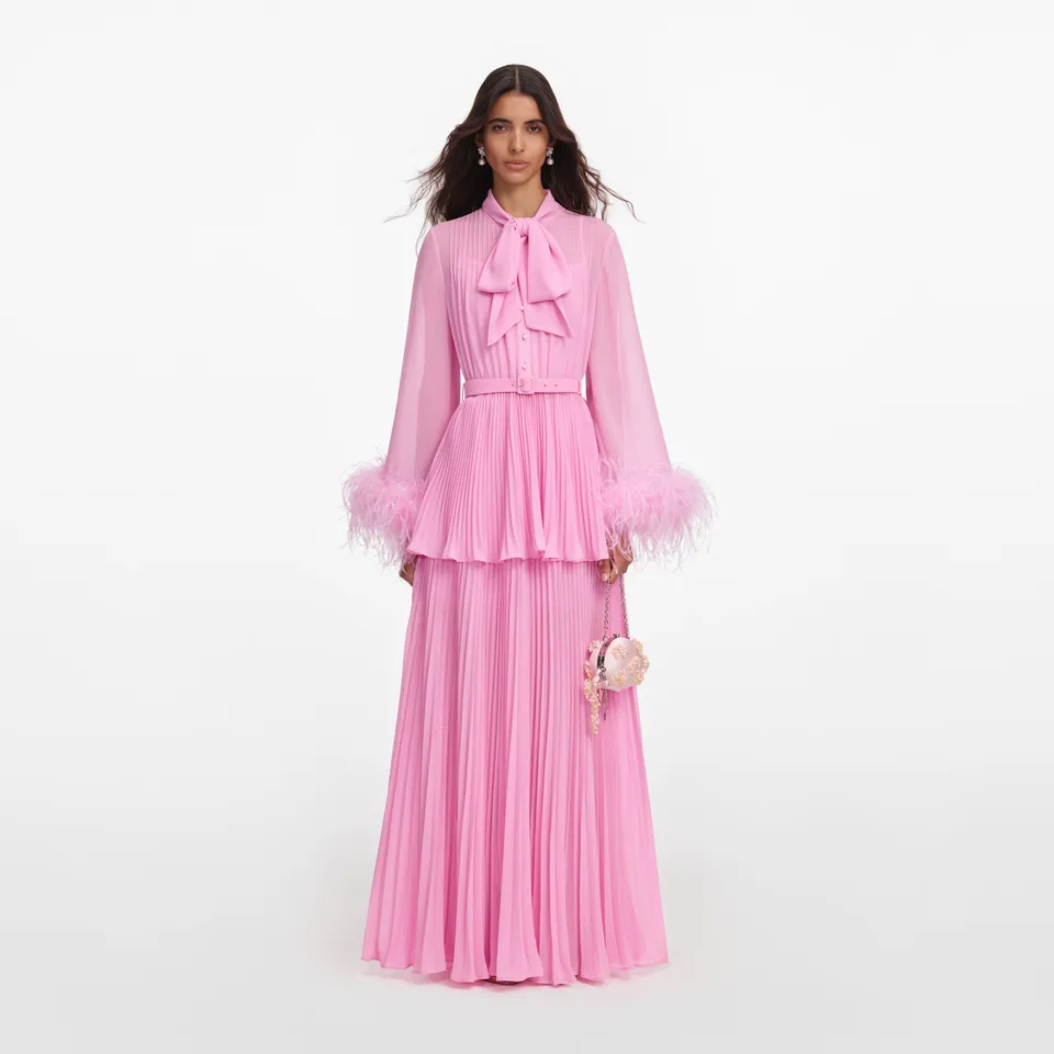 Self Portrait Pink Georgette Feather Maxikleid Pink Feder