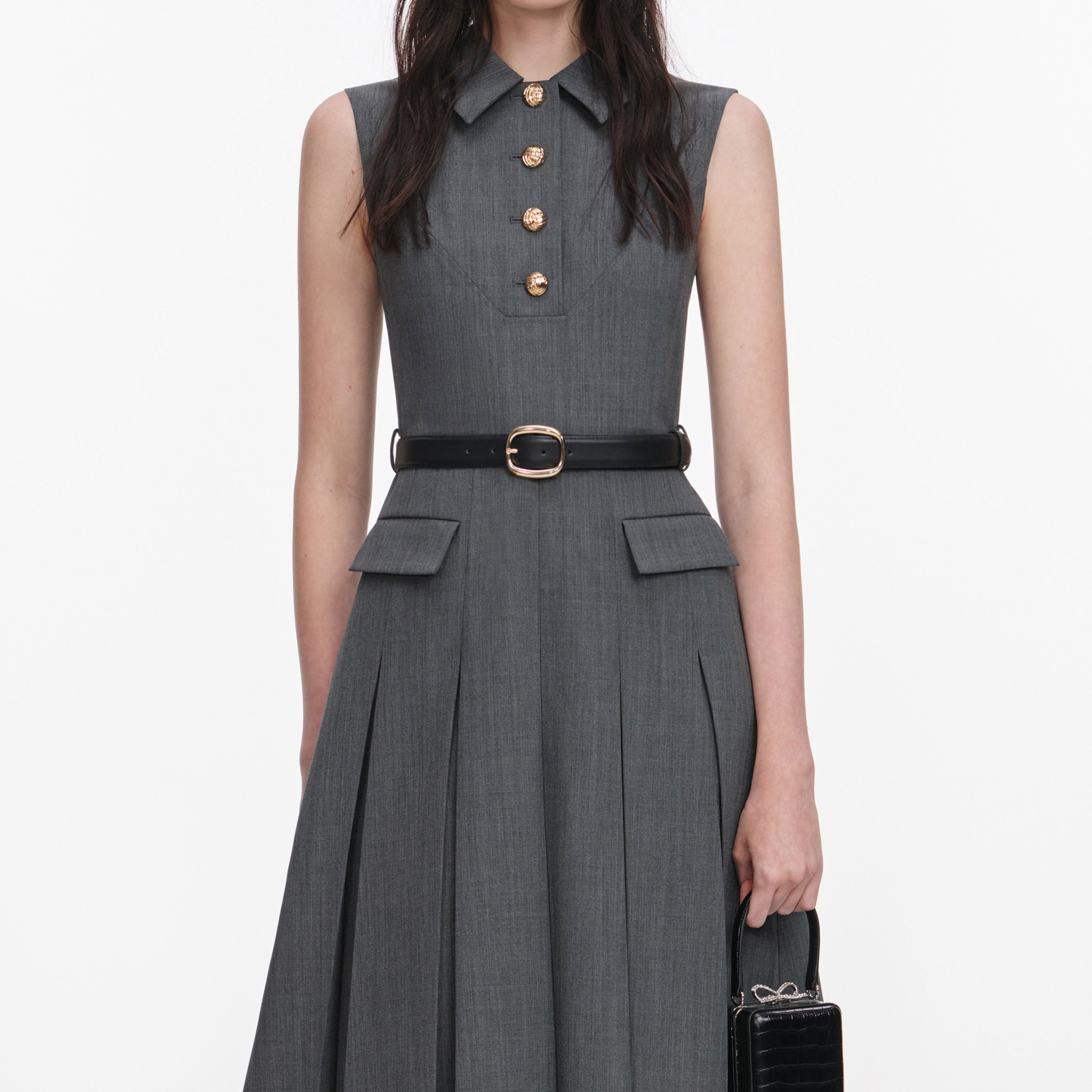 Self Portrait Grey Tailored Pleated Midi Kleid Grau Wolle