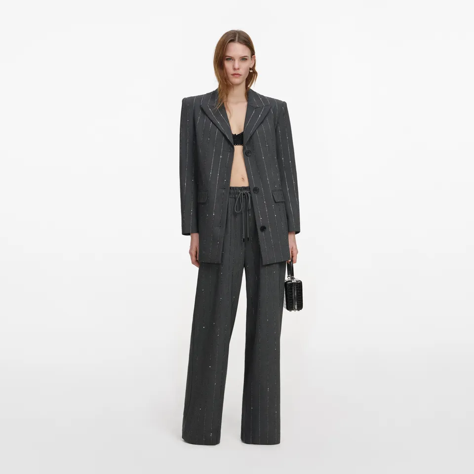 Self Portrait Grey Rhinestone Pinstripe Hose Grau Wolle