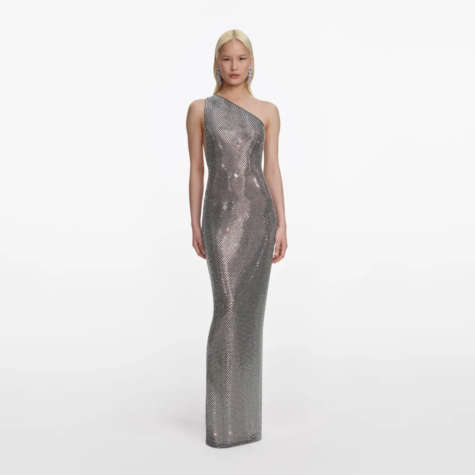 Self Portrait Grey Rhinestone One Shoulder Maxi Kleid Grau