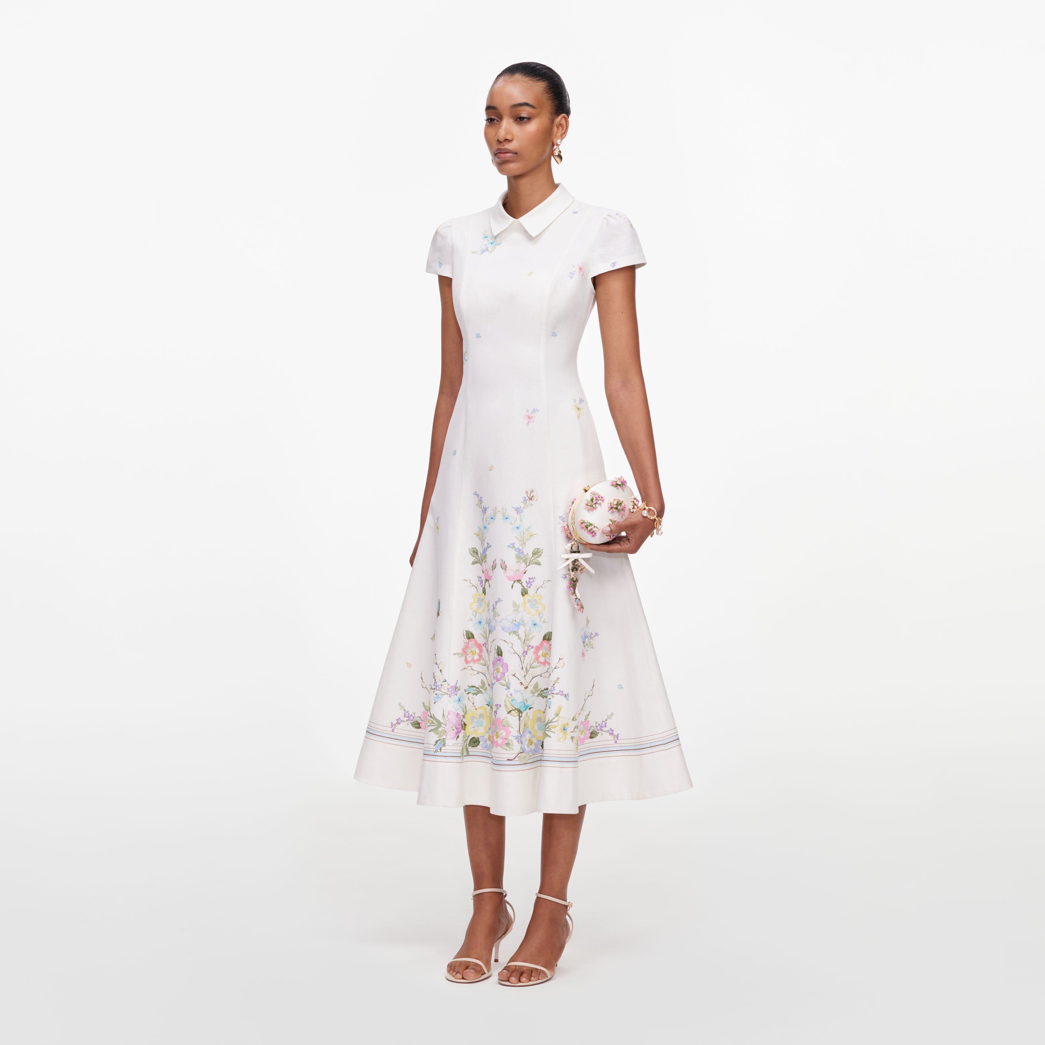 Self Portrait White Floral Leinen Midikleid Weiß