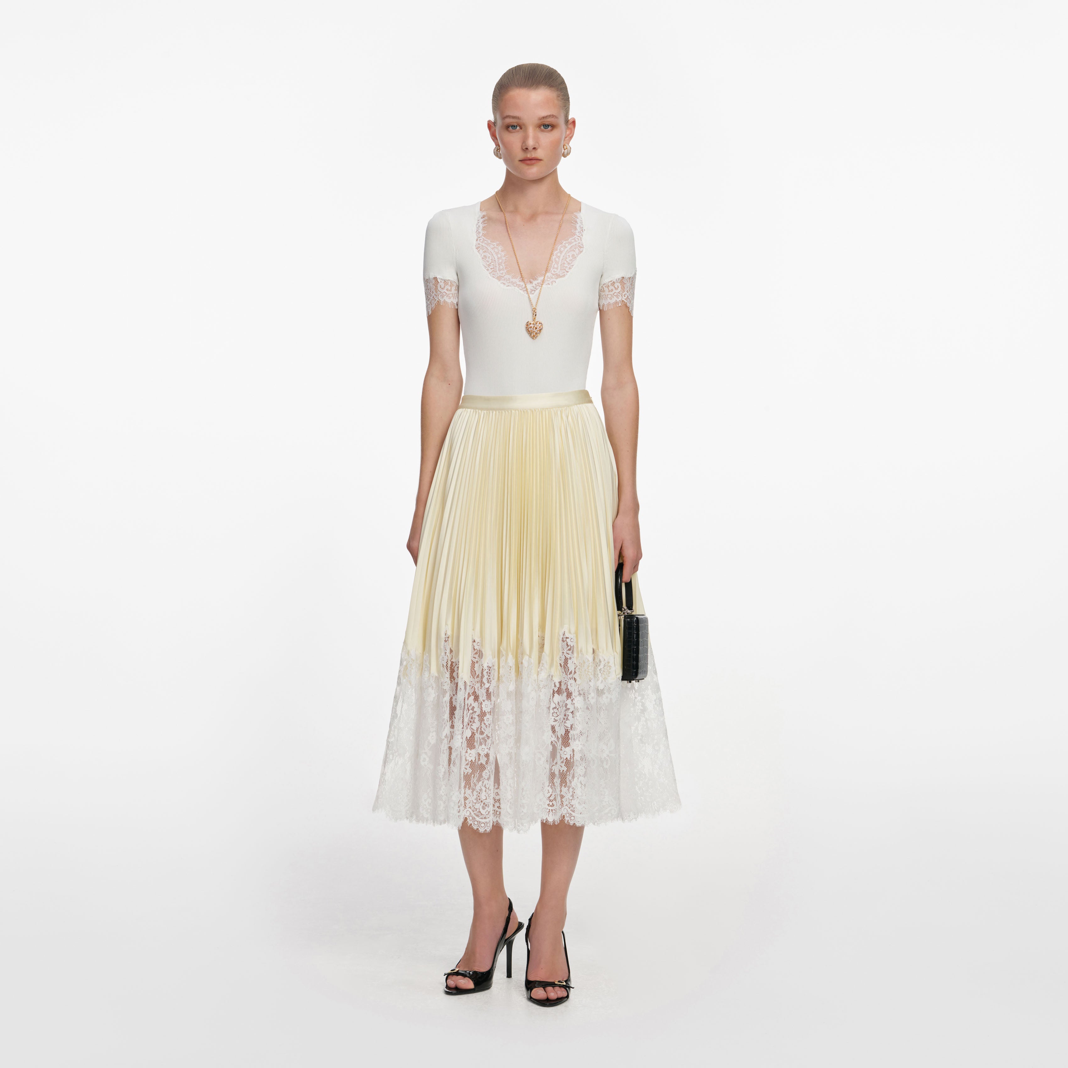 Self Portrait Yellow Satin Lace Midirock gelb UK 6