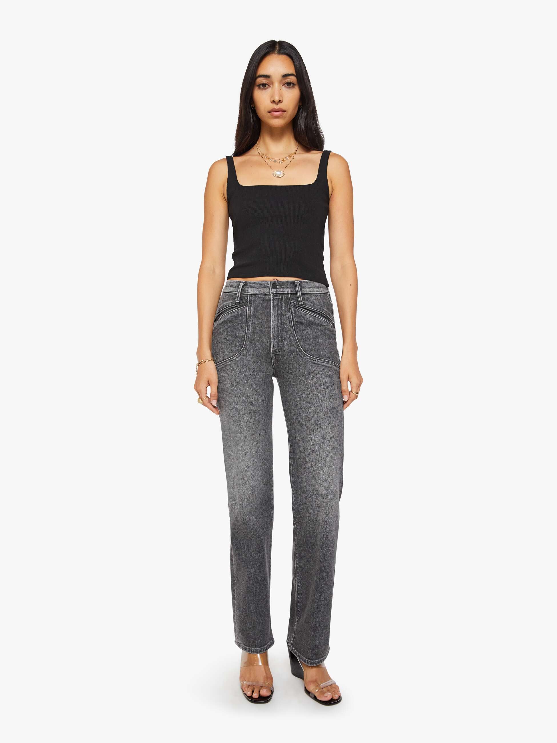Mother The Rambler Utility Sneak Jeans Grau High Rise Straight