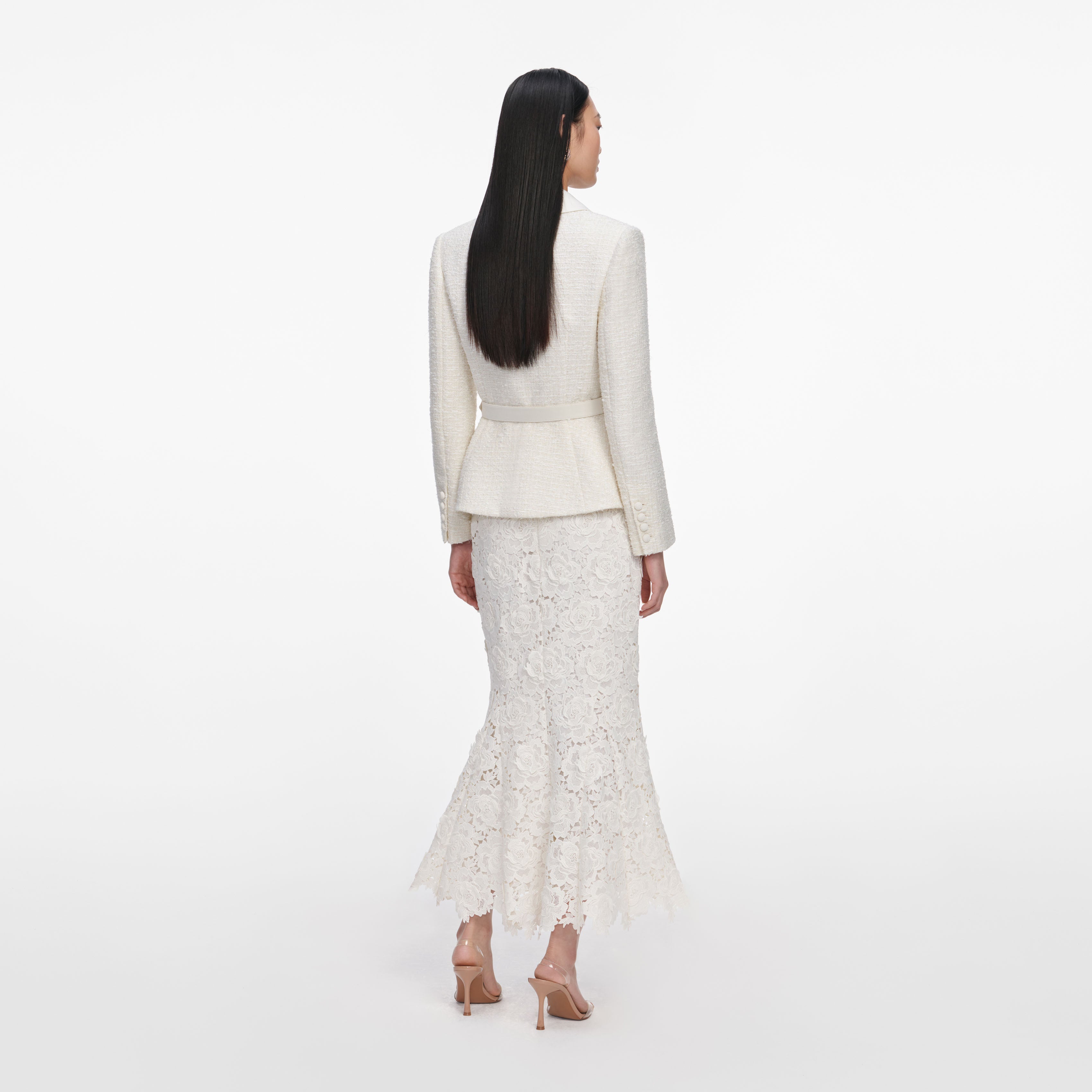 Self Portrait Boucle Midi Kleid Creme Spitze Gürtel