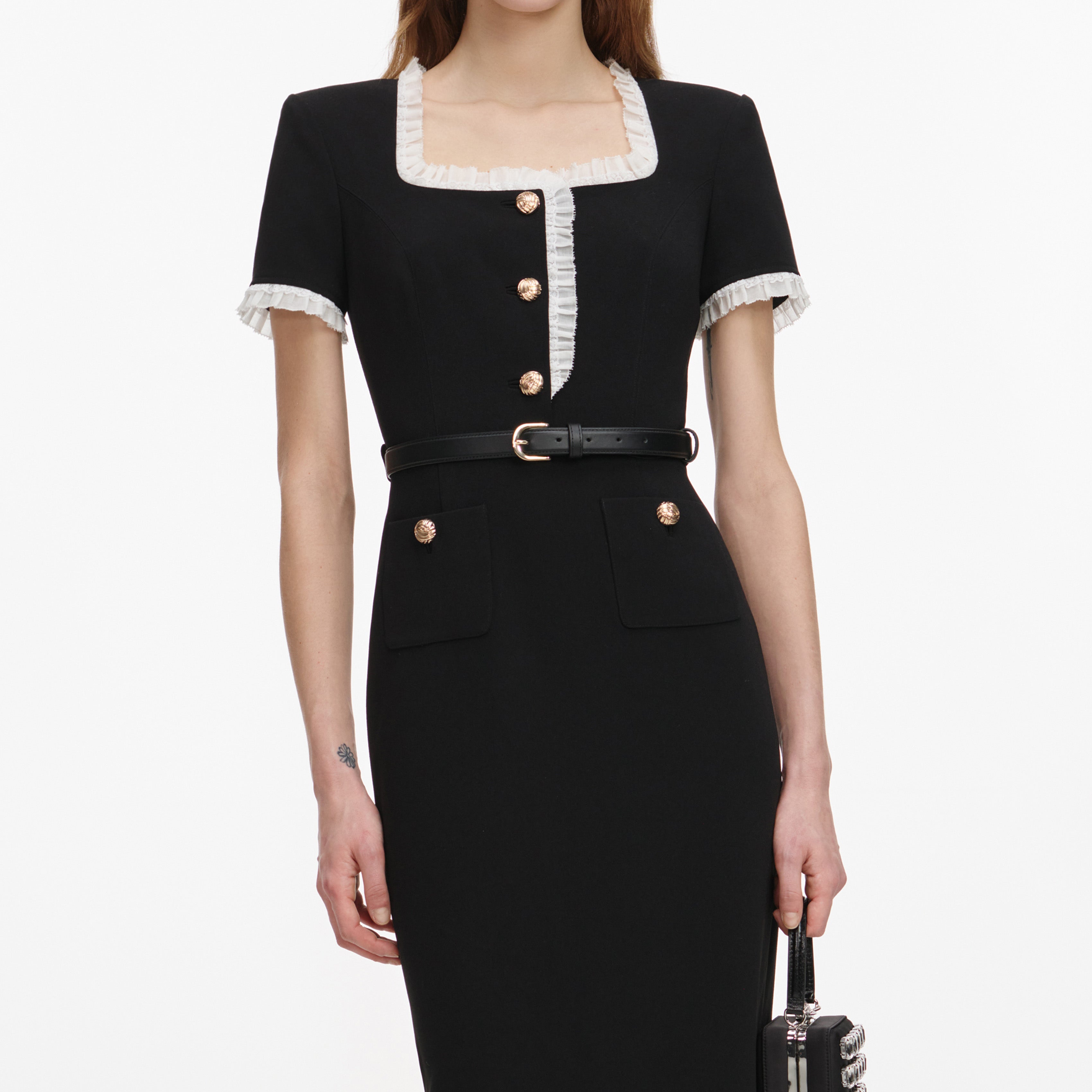 Self Portrait Black Crepe Contrast Frill Midi Kleid Schwarz