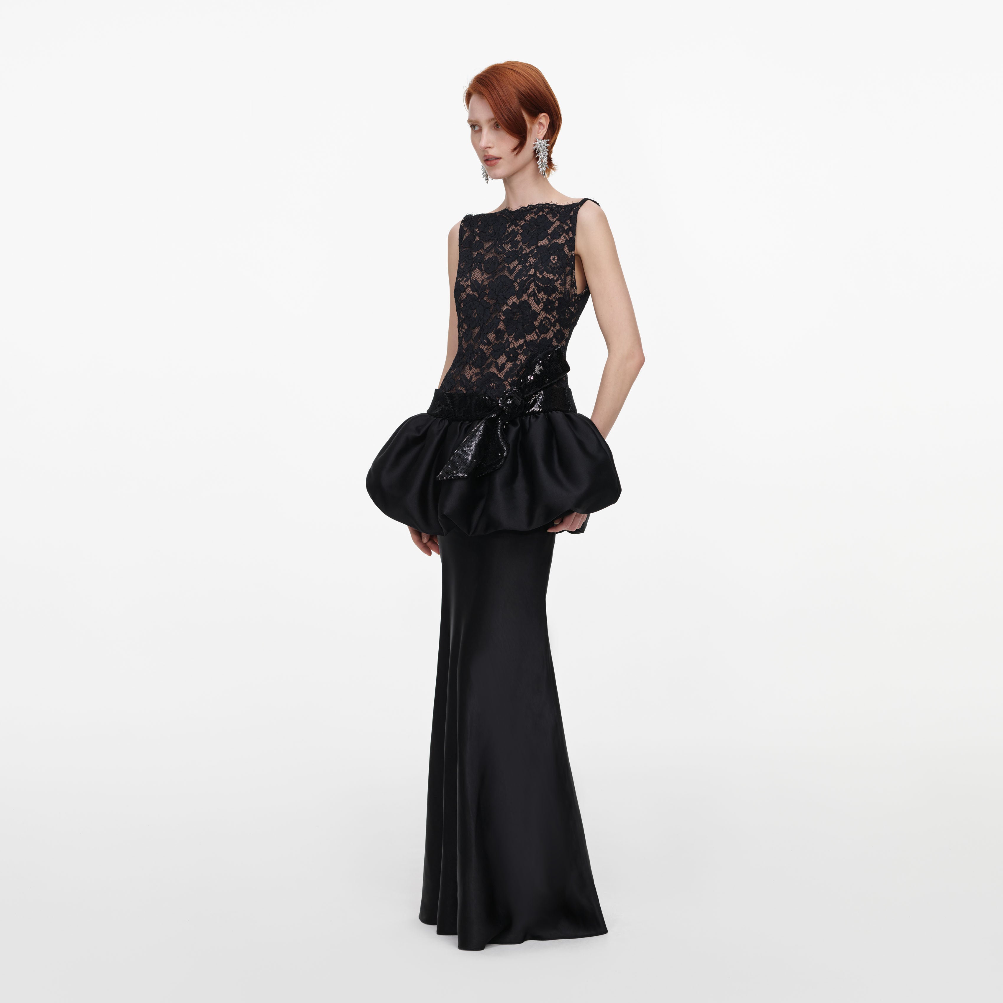 Self Portrait Black Lace Bubble Peplum Maxi Kleid UK 6 Schwarz