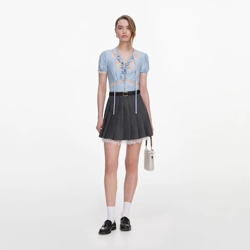 Self Portrait Blue Viscose Lace Top Oberteil Blau Spitze UK 6