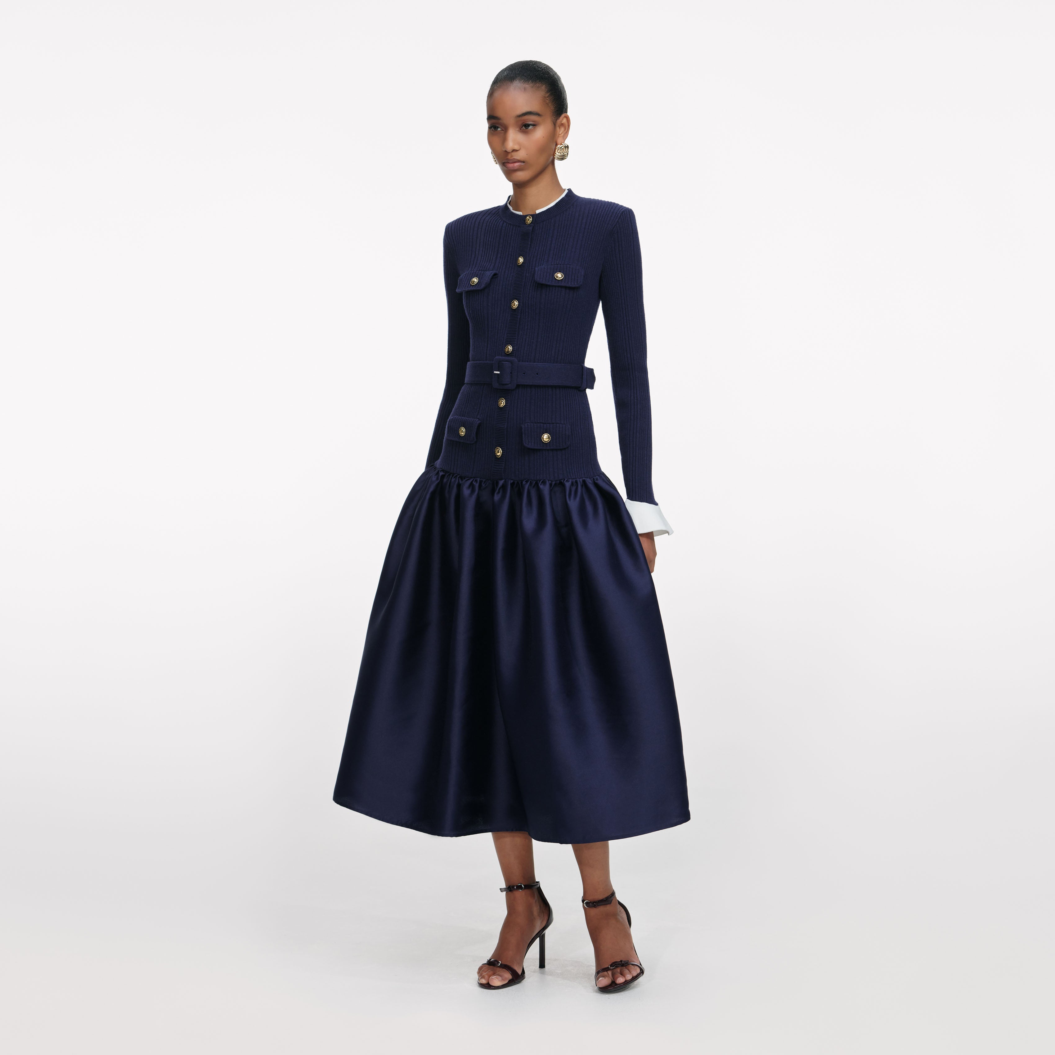 Self Portrait Navy Knit Midikleid Blau Taft Goldknöpfe