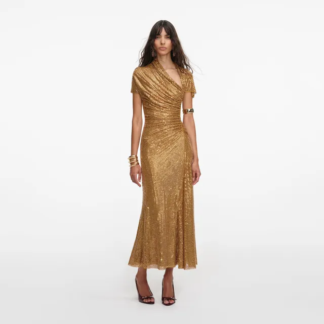 Self Portrait Gold Rhinestone Drape Midi Kleid Gold