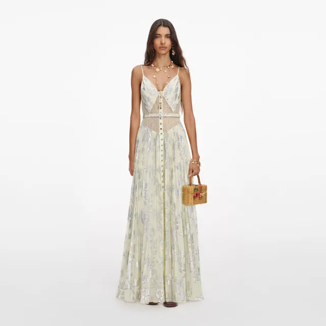 Self Portrait Yellow Metallic Chiffon Maxi Dress Gelb