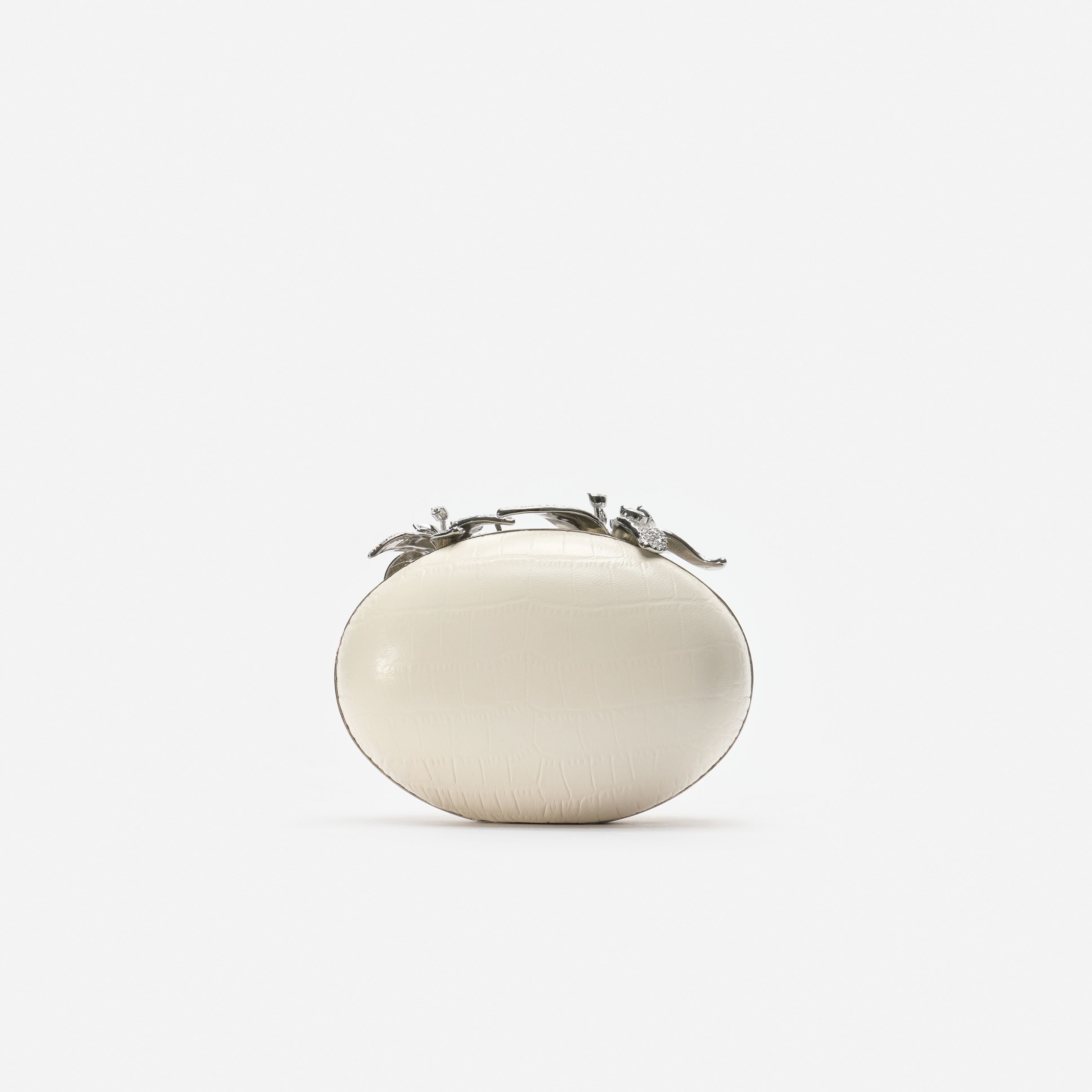 Self Portrait Cream Leather Crystal Flower Oval Clutch Creme One Size