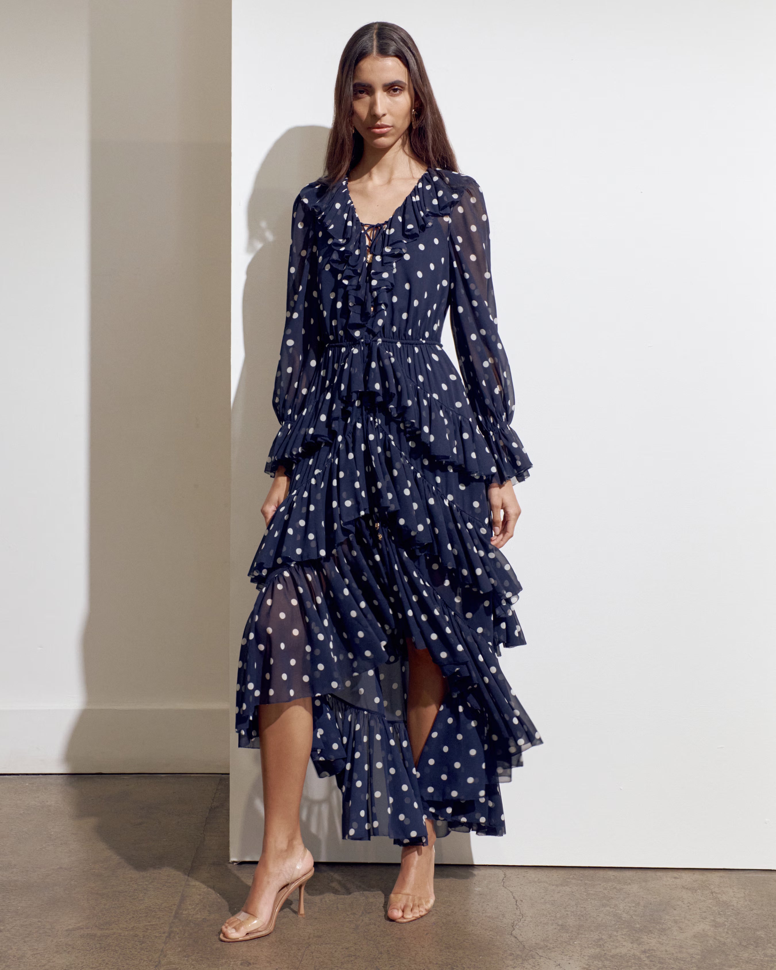 Self Portrait Polka Dot Georgette Maxikleid Navy Punkte