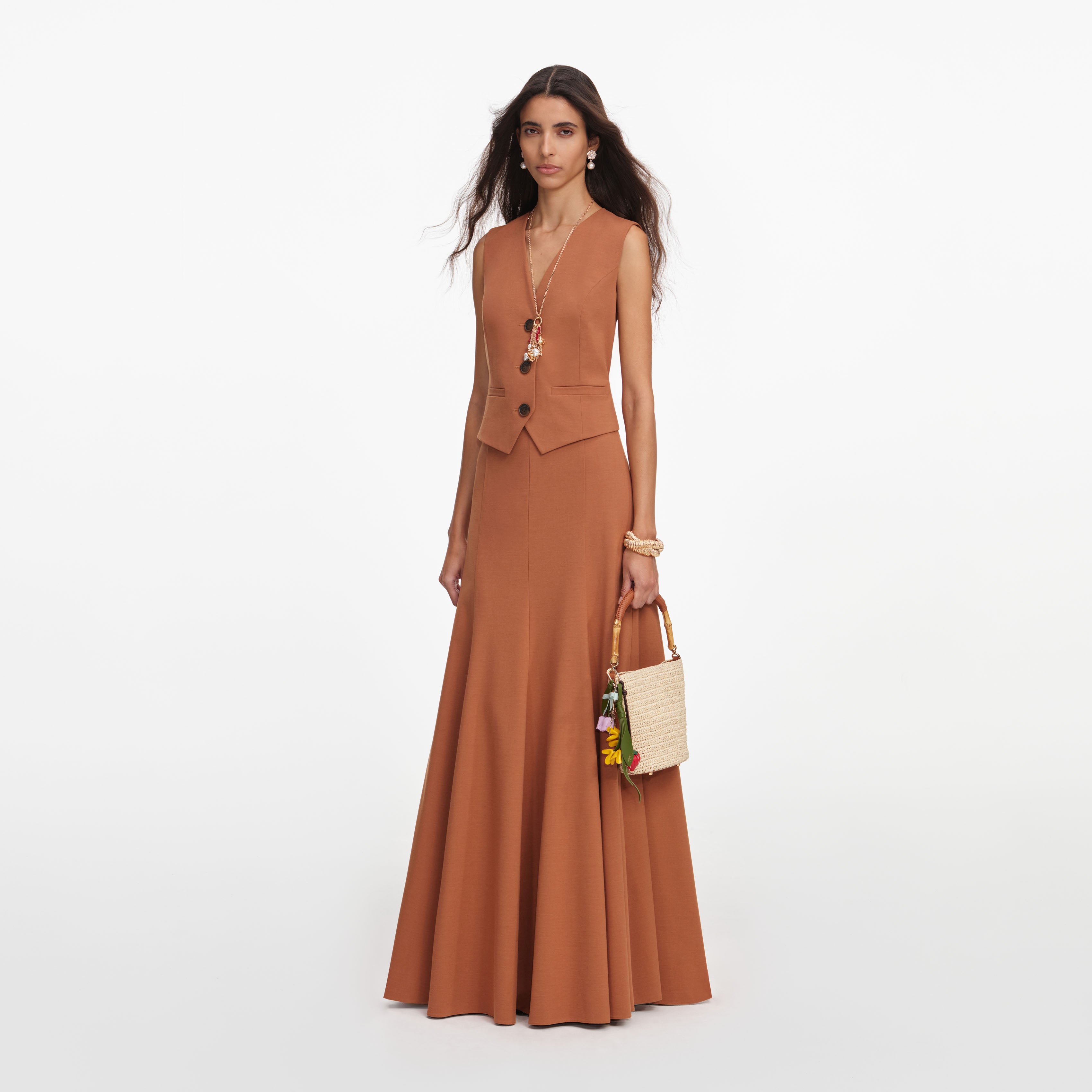 Self Portrait Brown Twill Maxi Kleid Braun Ärmellos