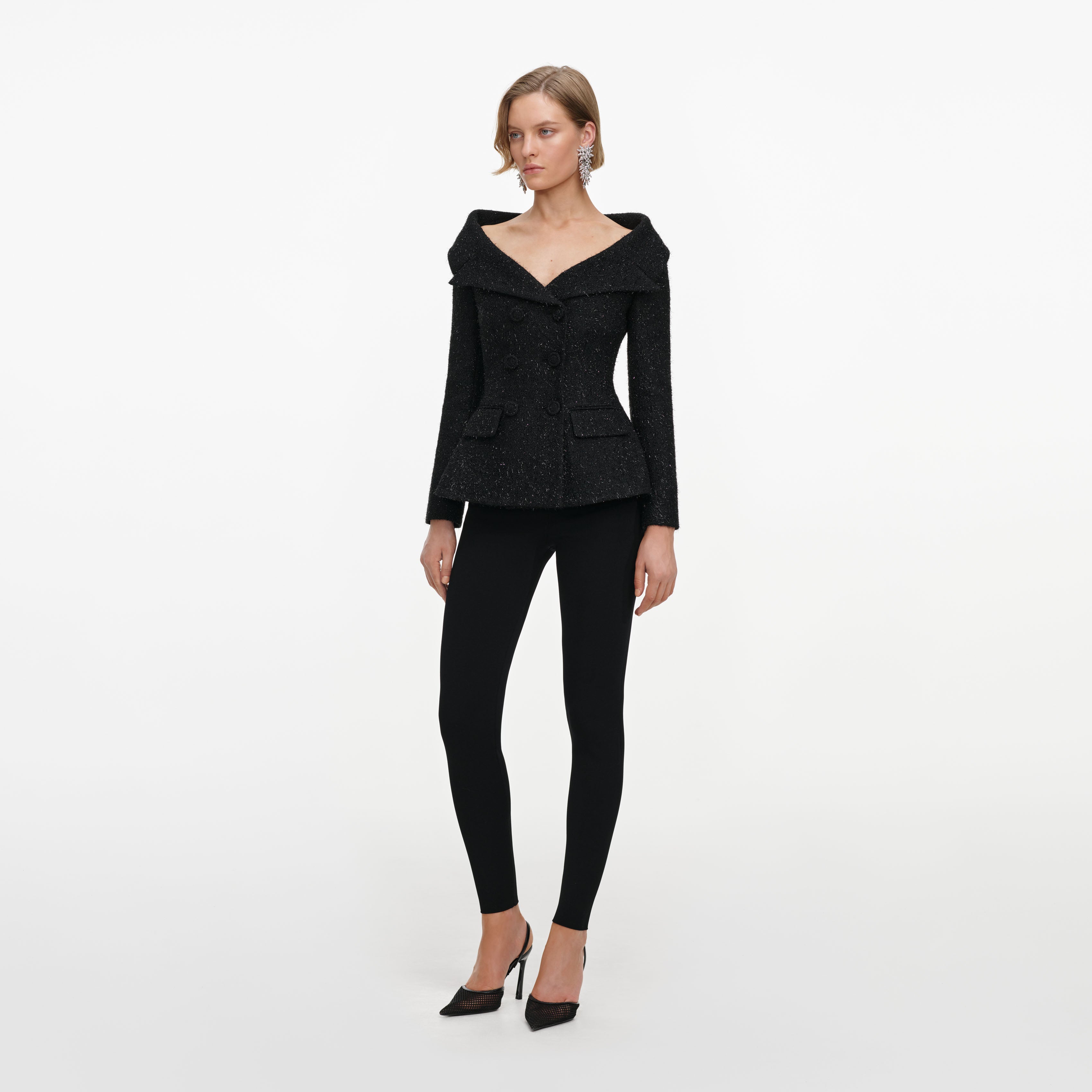 Self Portrait Black Metallic Boucle Jacke Schwarz