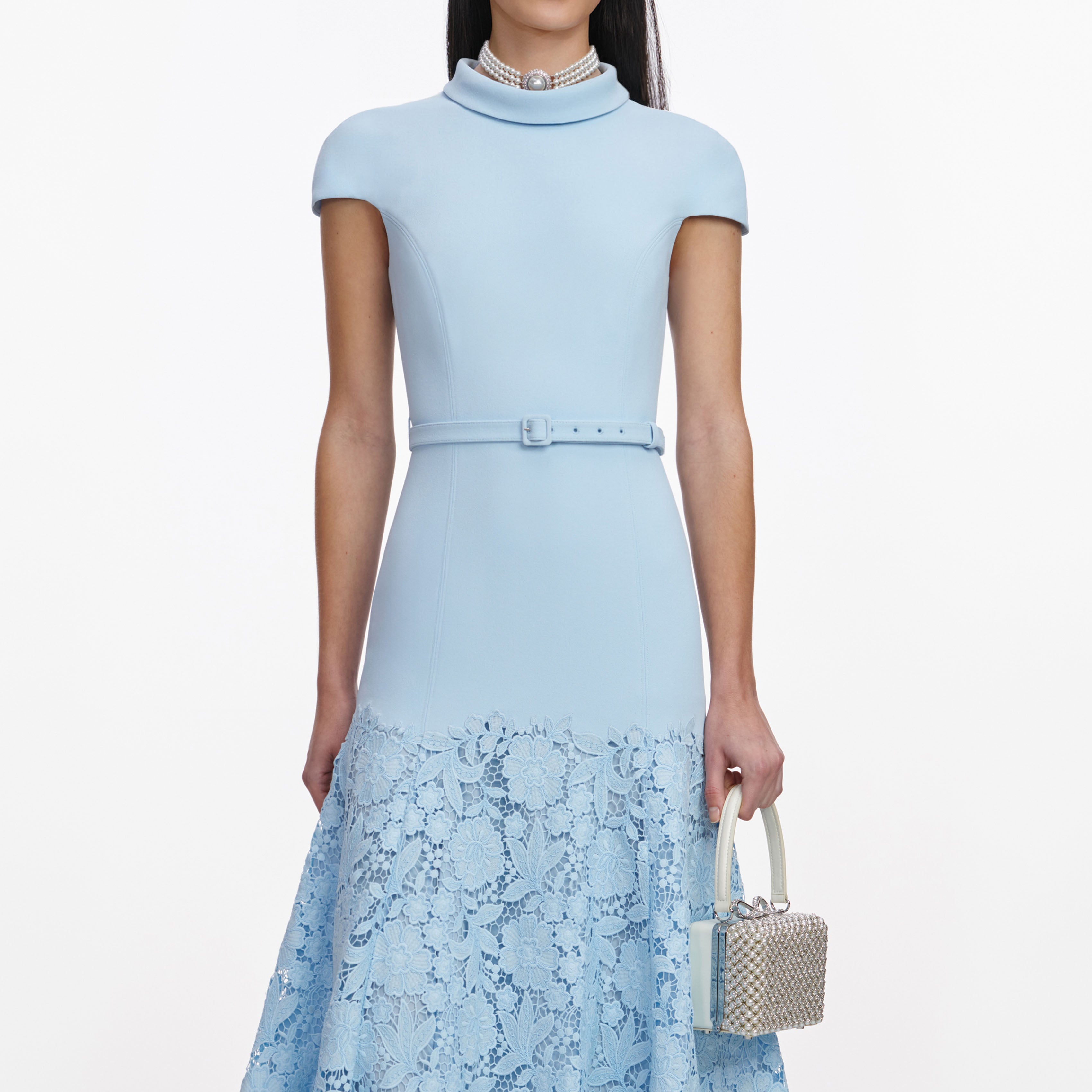 Self Portrait Blue Crepe Lace Midi Dress Kleid Blau UK 6 Spitze