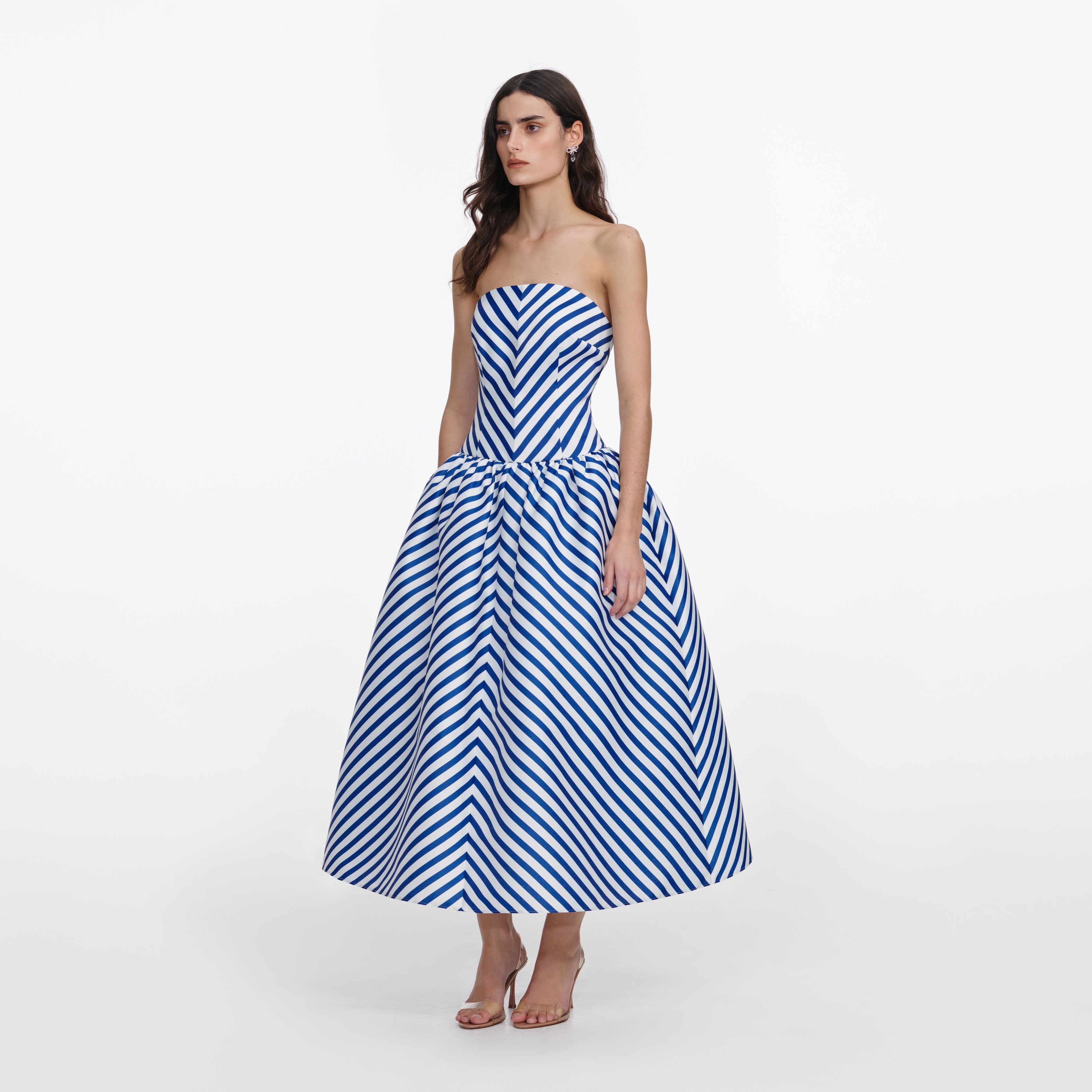 Self Portrait Dresses Navy Stripe Midi Kleid Taft Bandeau Navy