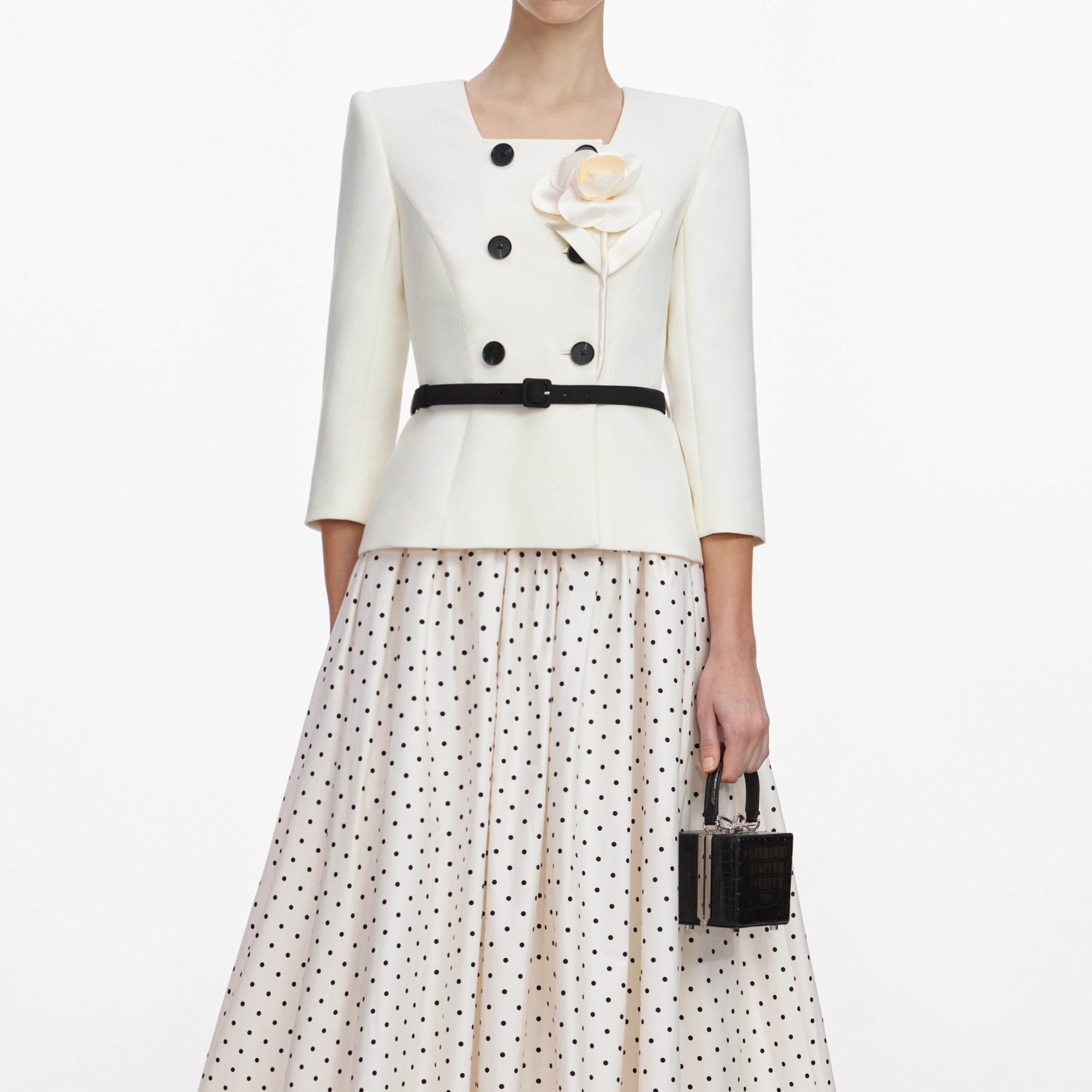 Self Portrait Cream 3D Flower Midi Kleid Creme Punkte