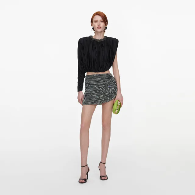 Self Portrait Tops Black Jersey Asymmetric Sleeve Top Schwarz