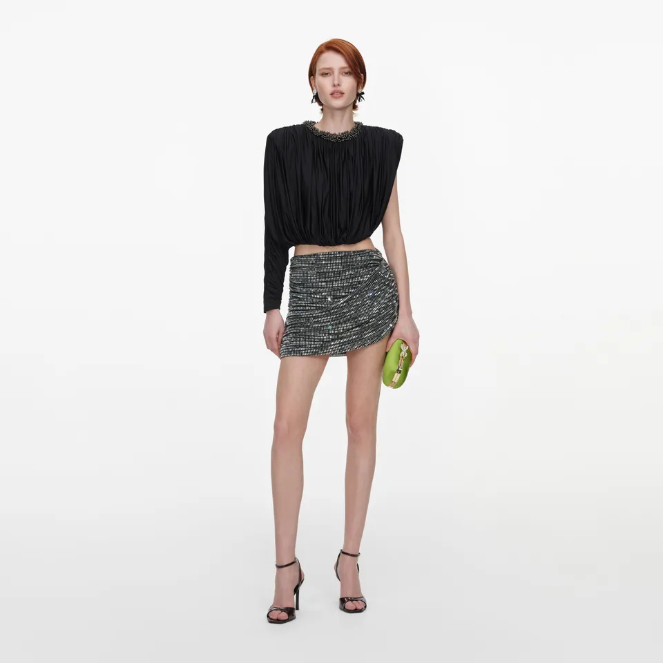 Self Portrait Tops Black Jersey Asymmetric Sleeve Top Schwarz