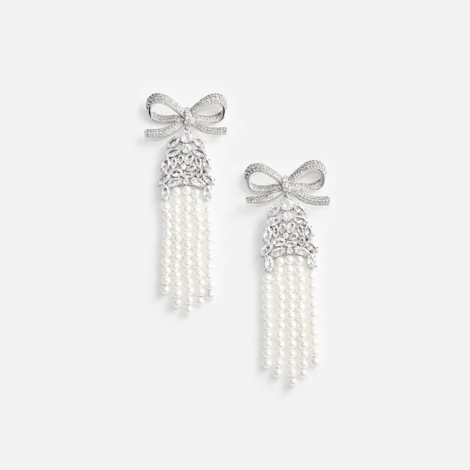 Self Portrait Crystal Bow Pearl Droplet Ohrringe Silber Perle
