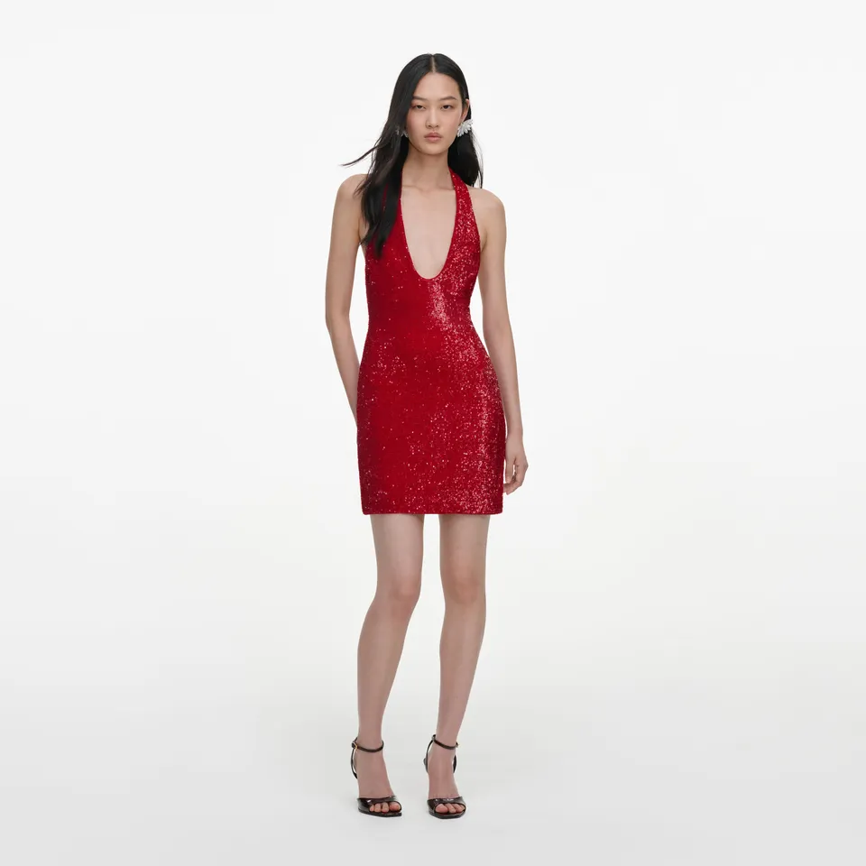 Self Portrait Red Sequin Halter Neck Mini Dress Kleid Rot