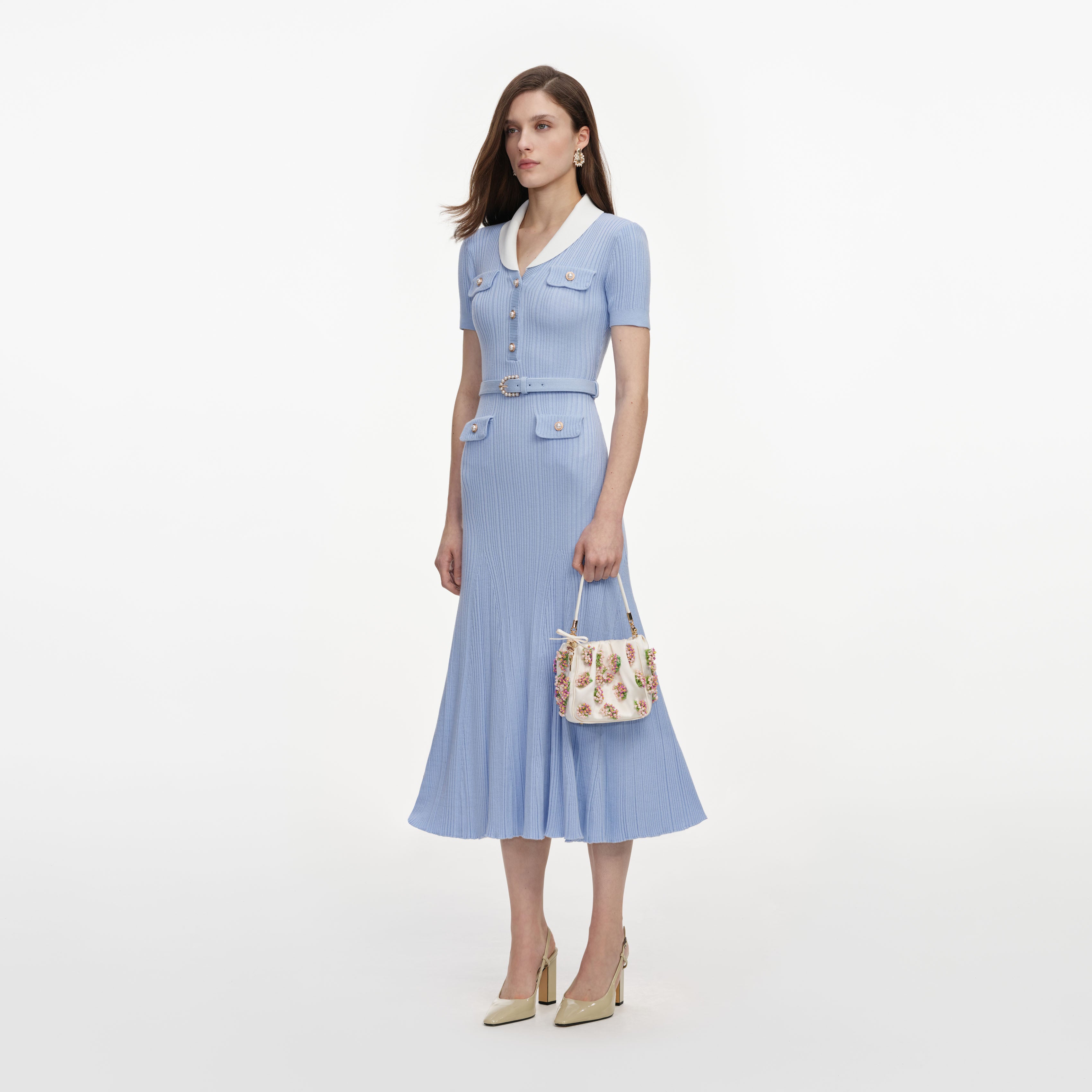 Self Portrait Blue Ribbed Knit Midi Kleid Blau Gr. S