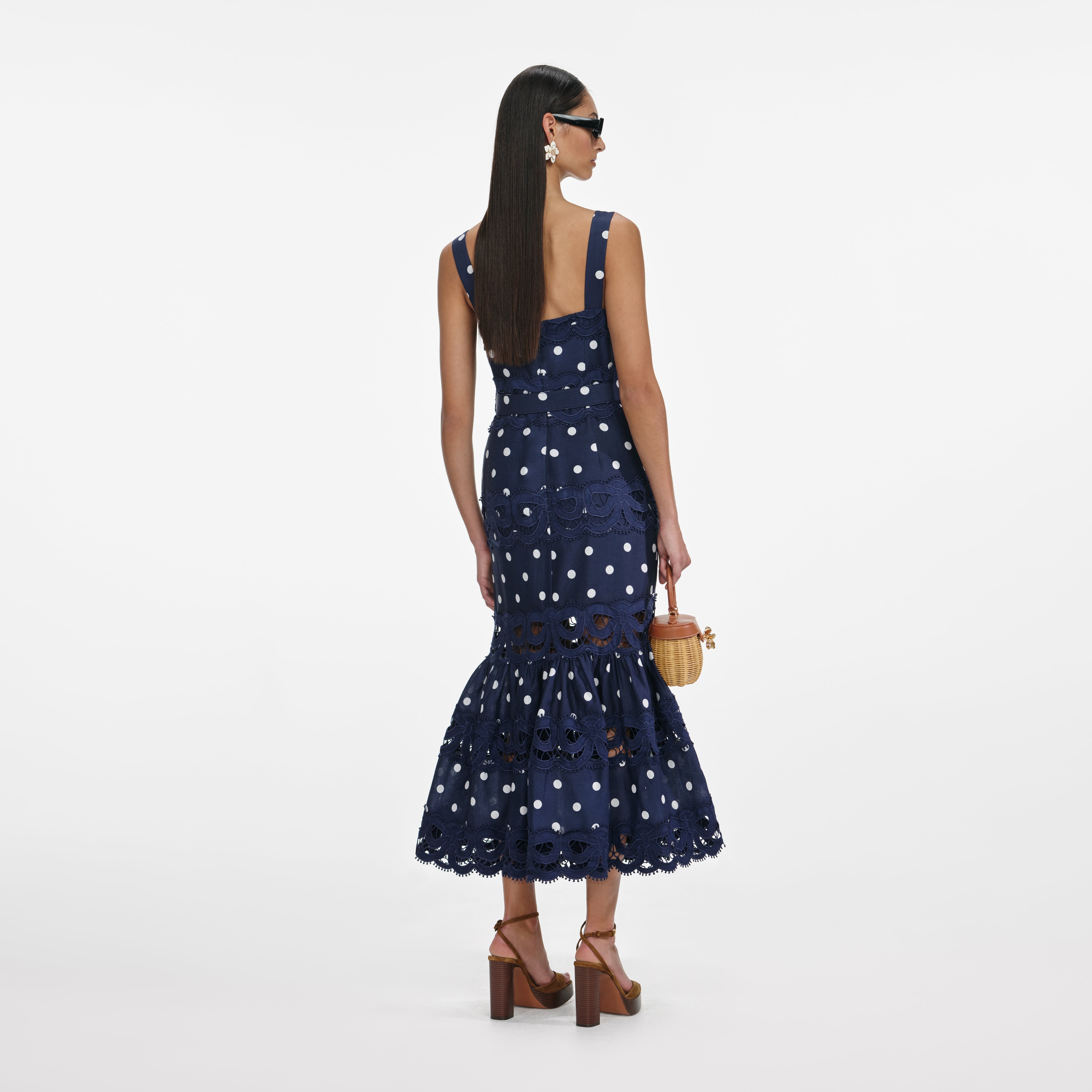 Self Portrait Polka Dot Leinen Midikleid navy UK 8