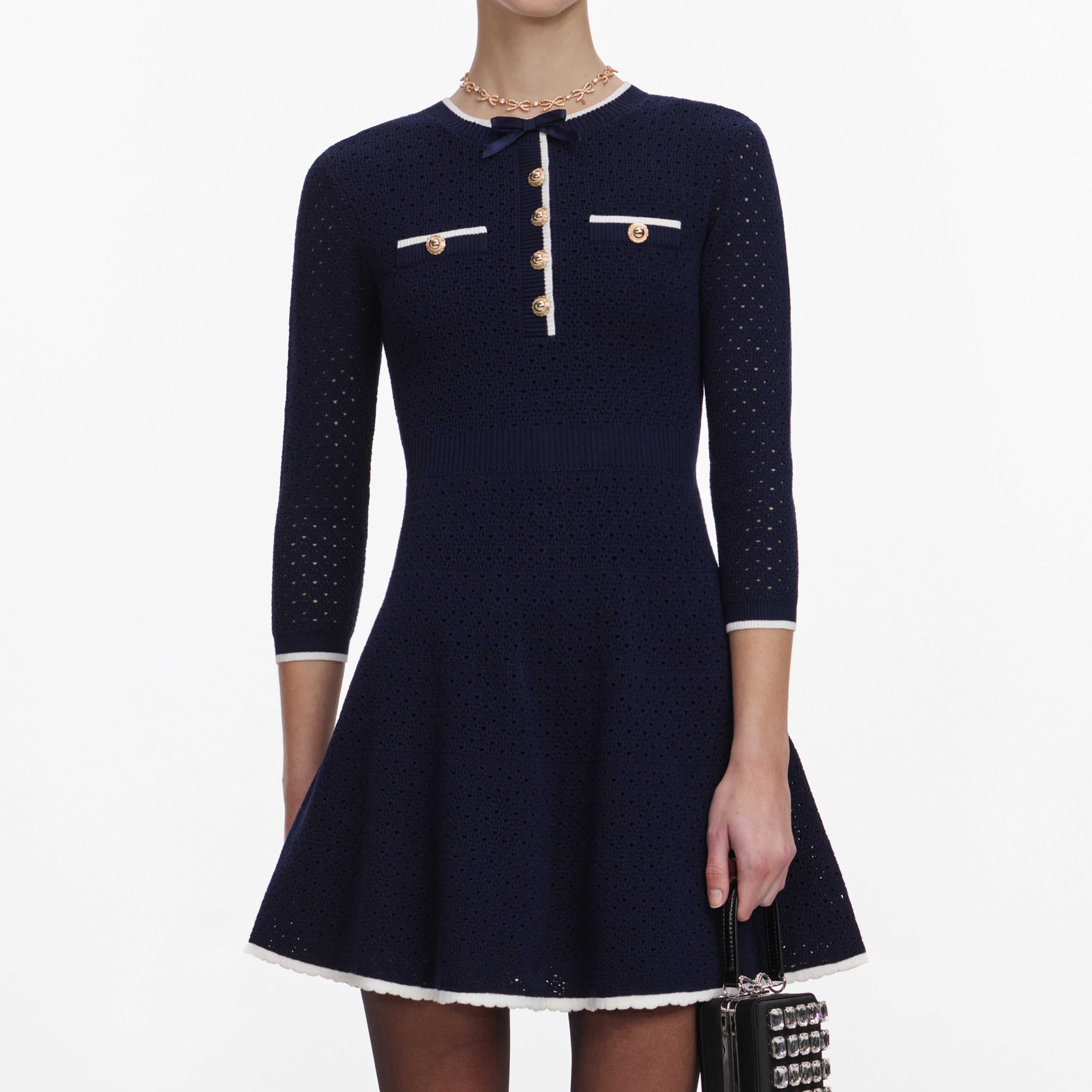 Self Portrait Navy Bow Knit Mini Kleid Strick Blau Schleife