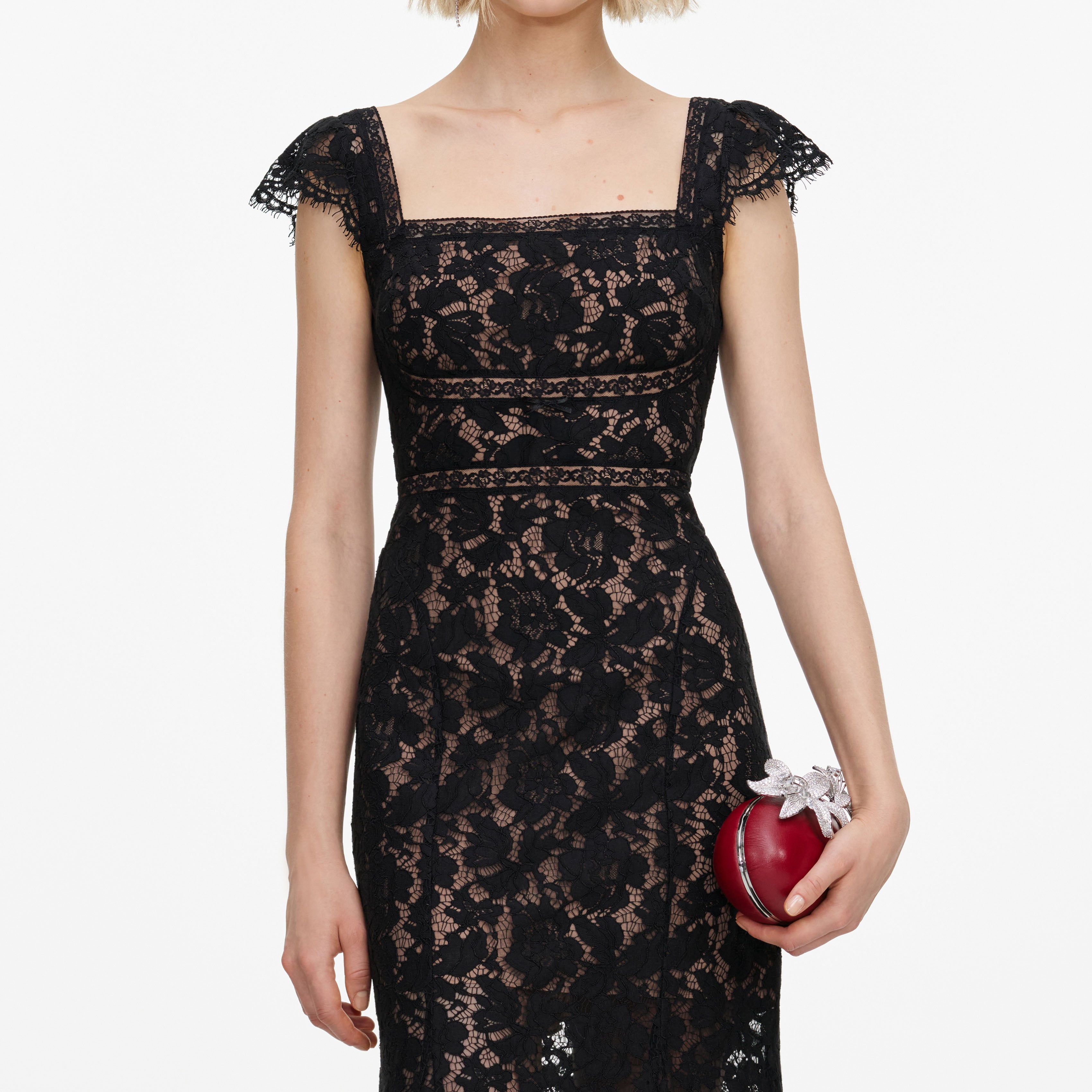 Self Portrait Dresses Black Lace Square Neck Maxi Kleid Schwarz Spitze