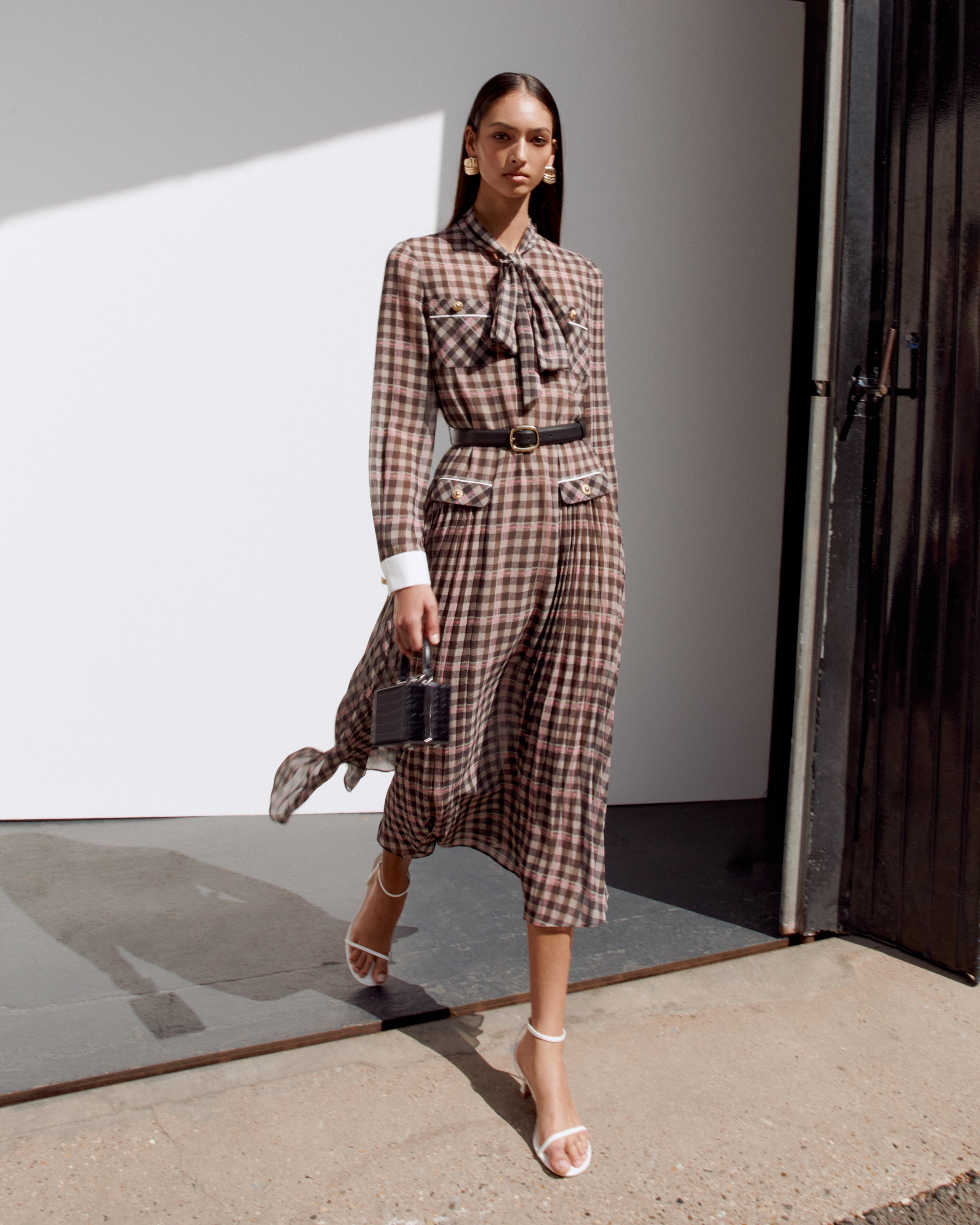 Self Portrait Brown Check Chiffon Midi Kleid Braun