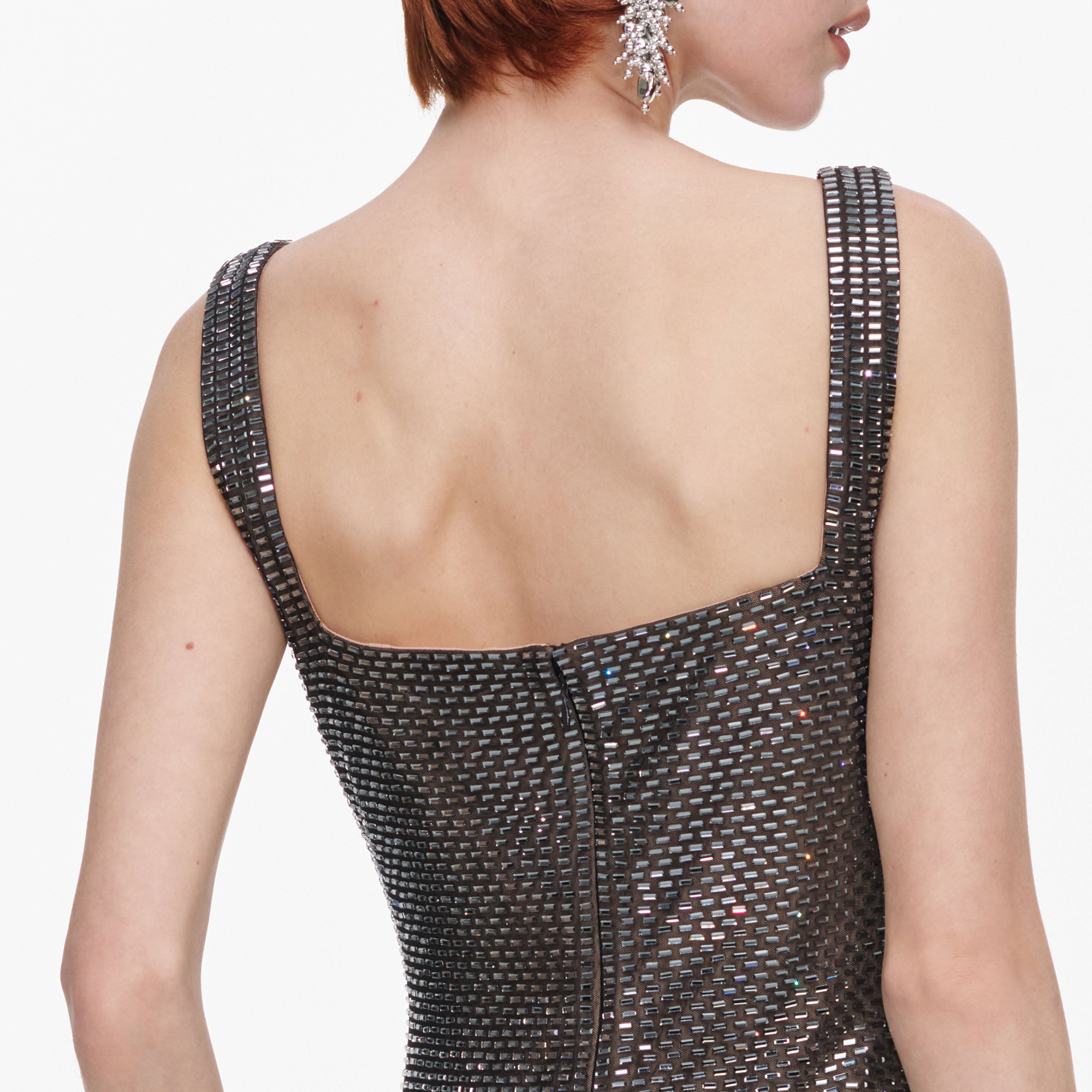 Self Portrait Gunmetal Square Neck Rhinestone Maxi Kleid