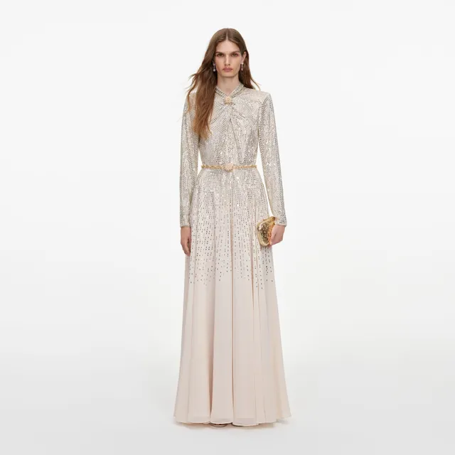 Self Portrait Dresses Champagne Ombre Rhinestone Maxi Kleid Ombre Strass