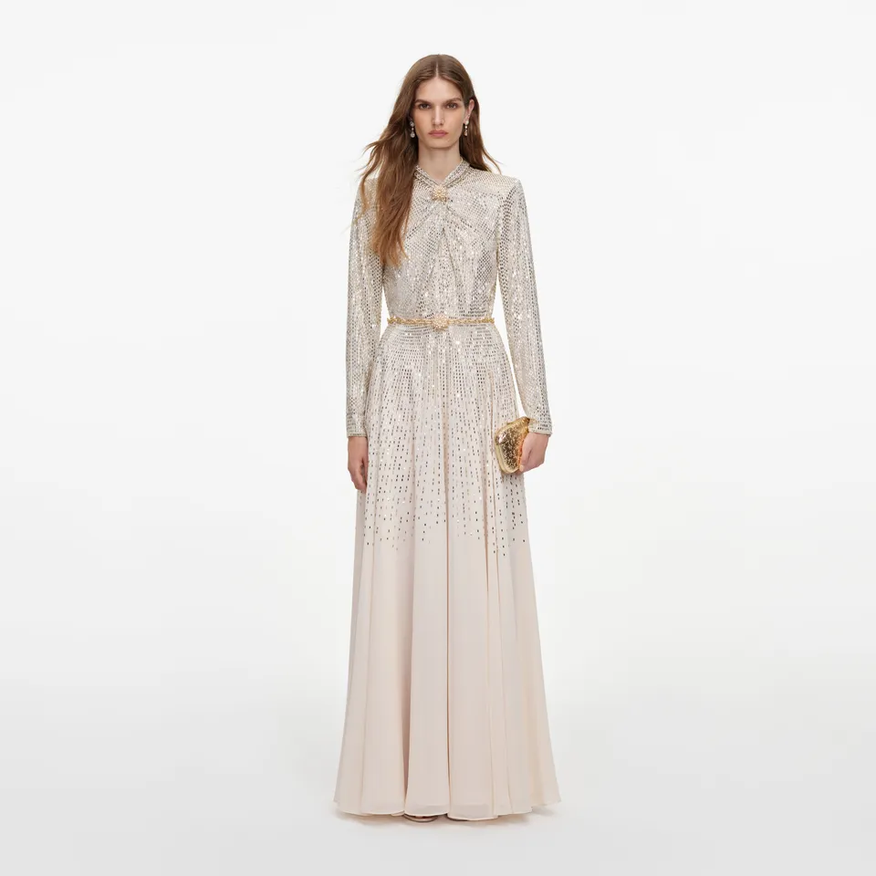 Self Portrait Dresses Champagne Ombre Rhinestone Maxi Kleid Ombre Strass