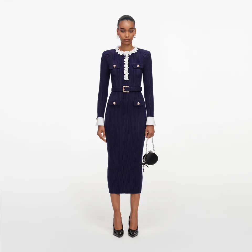 Self Portrait Navy Flower Rib Knit Midi Kleid Navy
