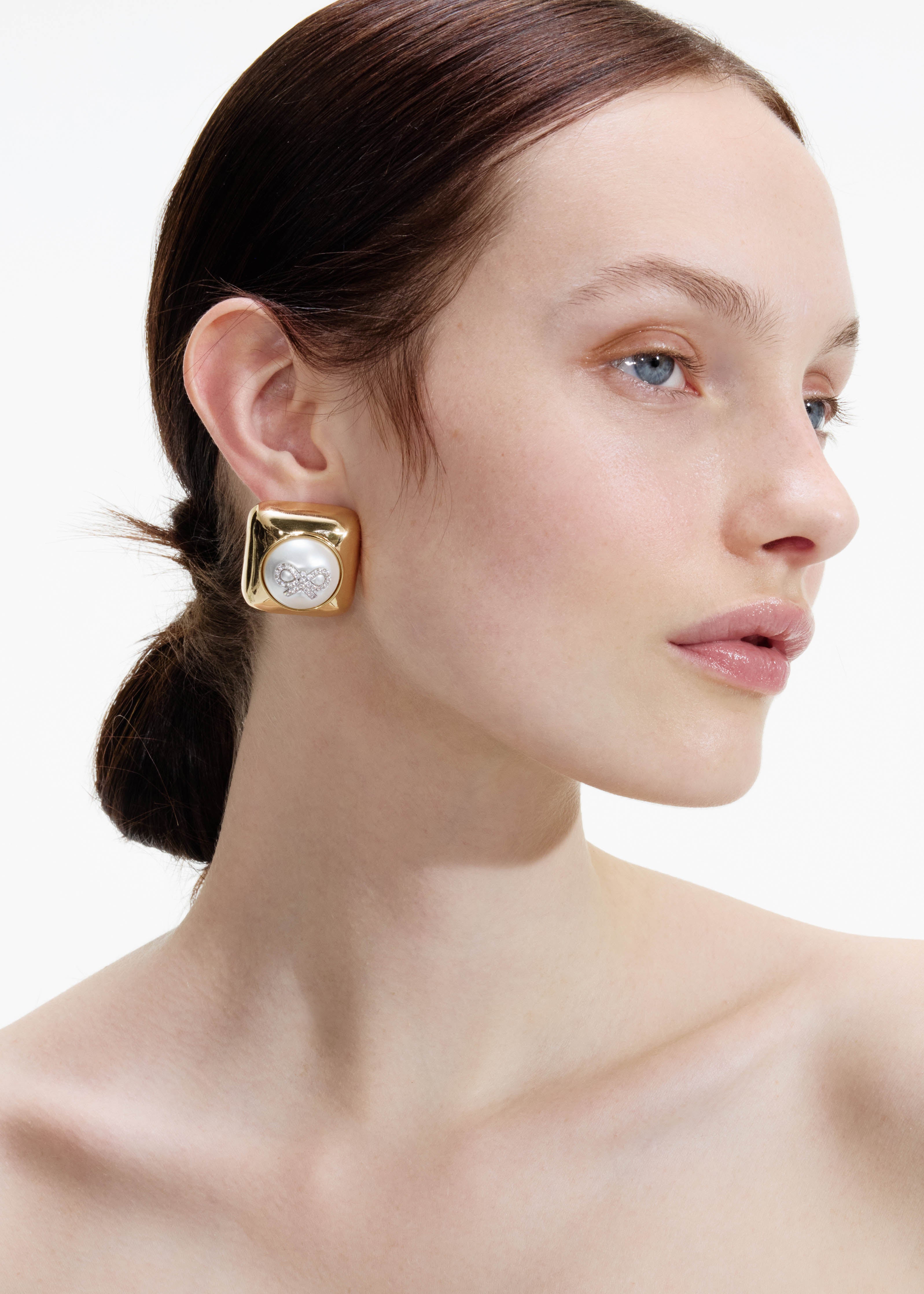 Self Portrait Jewellery Bow Pearl Gold Square Earrings Ohrringe Gold