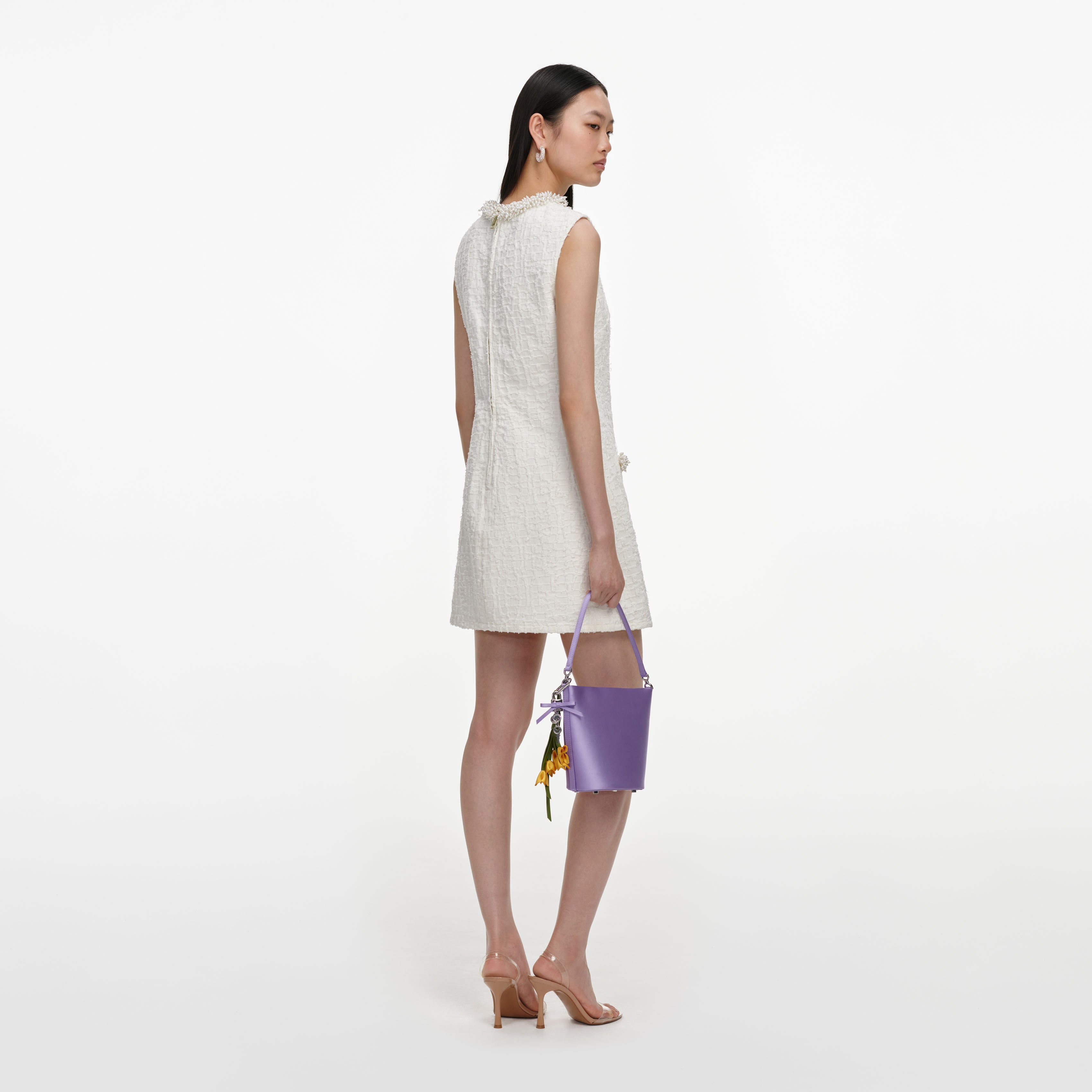 Self-Portrait Denim Cream Textured Minikleid creme Perlen