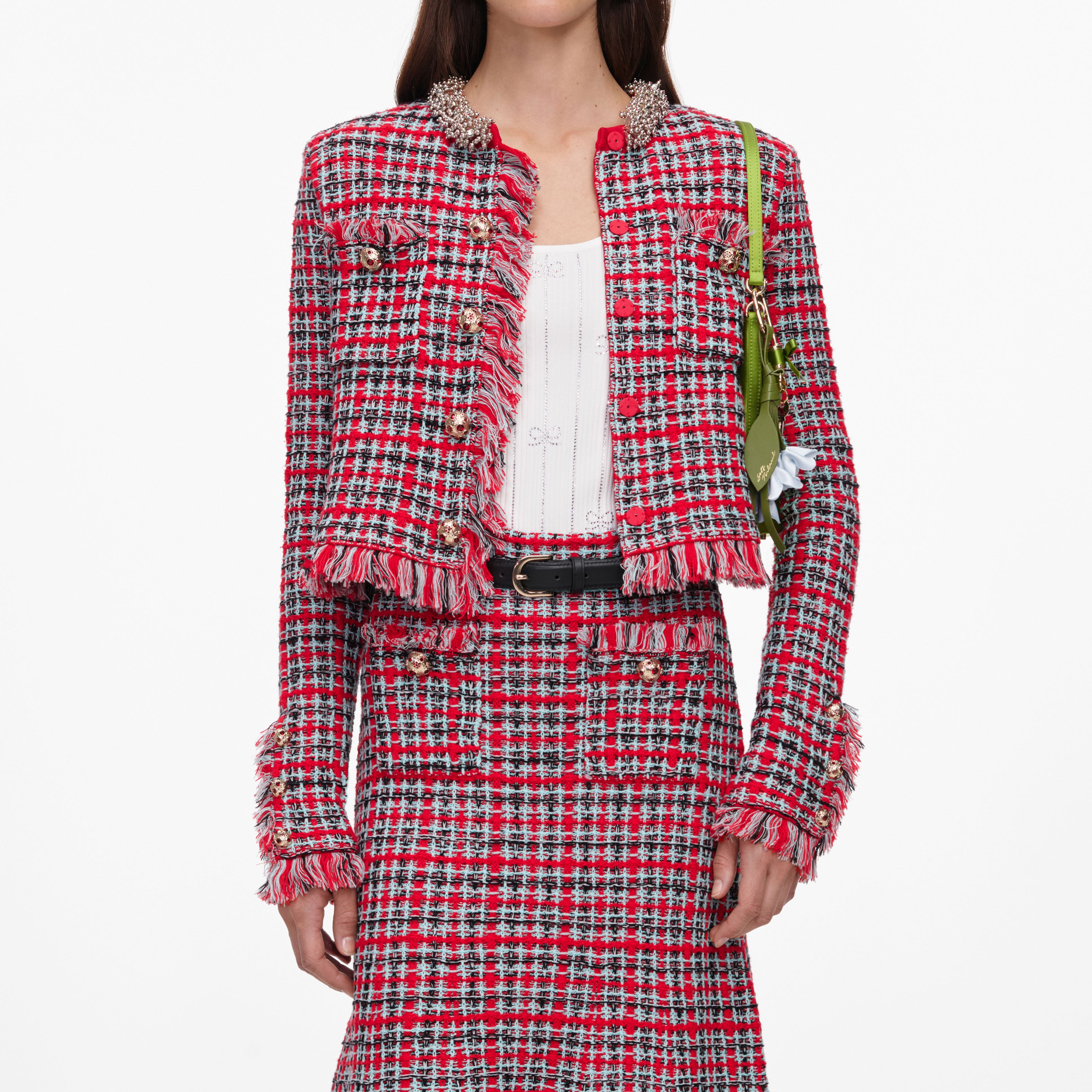 Self Portrait Red Check Frayed Knit Midi Rock Rot