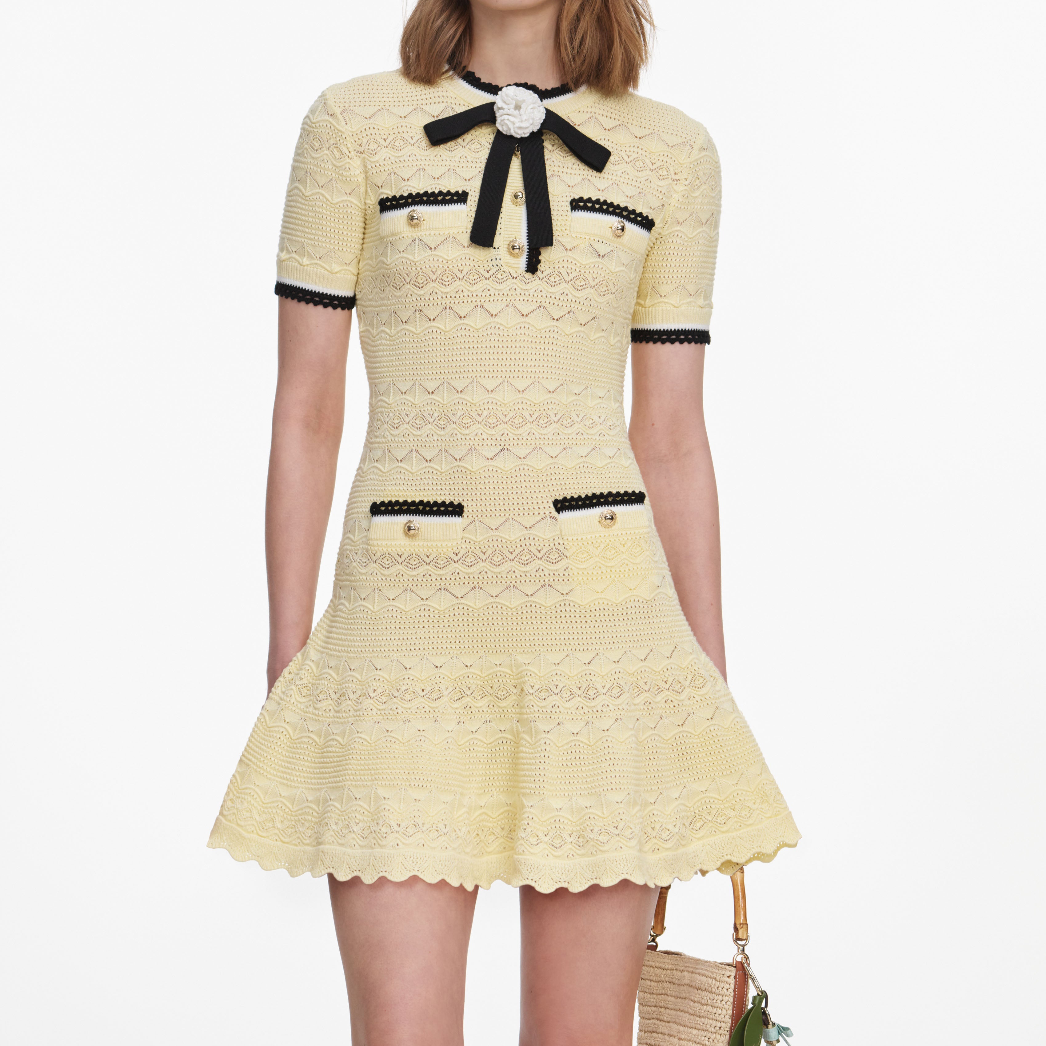 Self Portrait Pointelle Mini Kleid gelb mit Schleife
