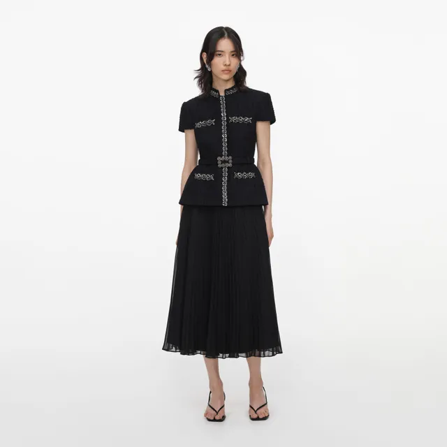 Self Portrait Black Boucle Crystal Midi Kleid Schwarz UK 10 Chiffon